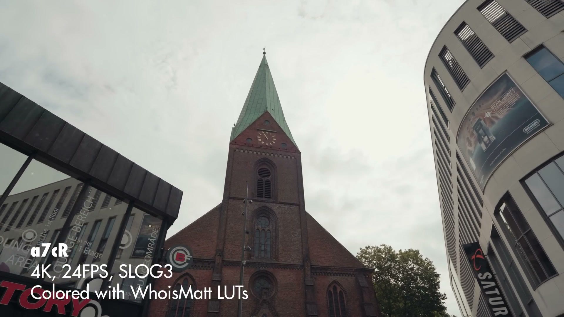 A church and modern building shot on the Sony a7C R at 4K 24fps in S-Log3