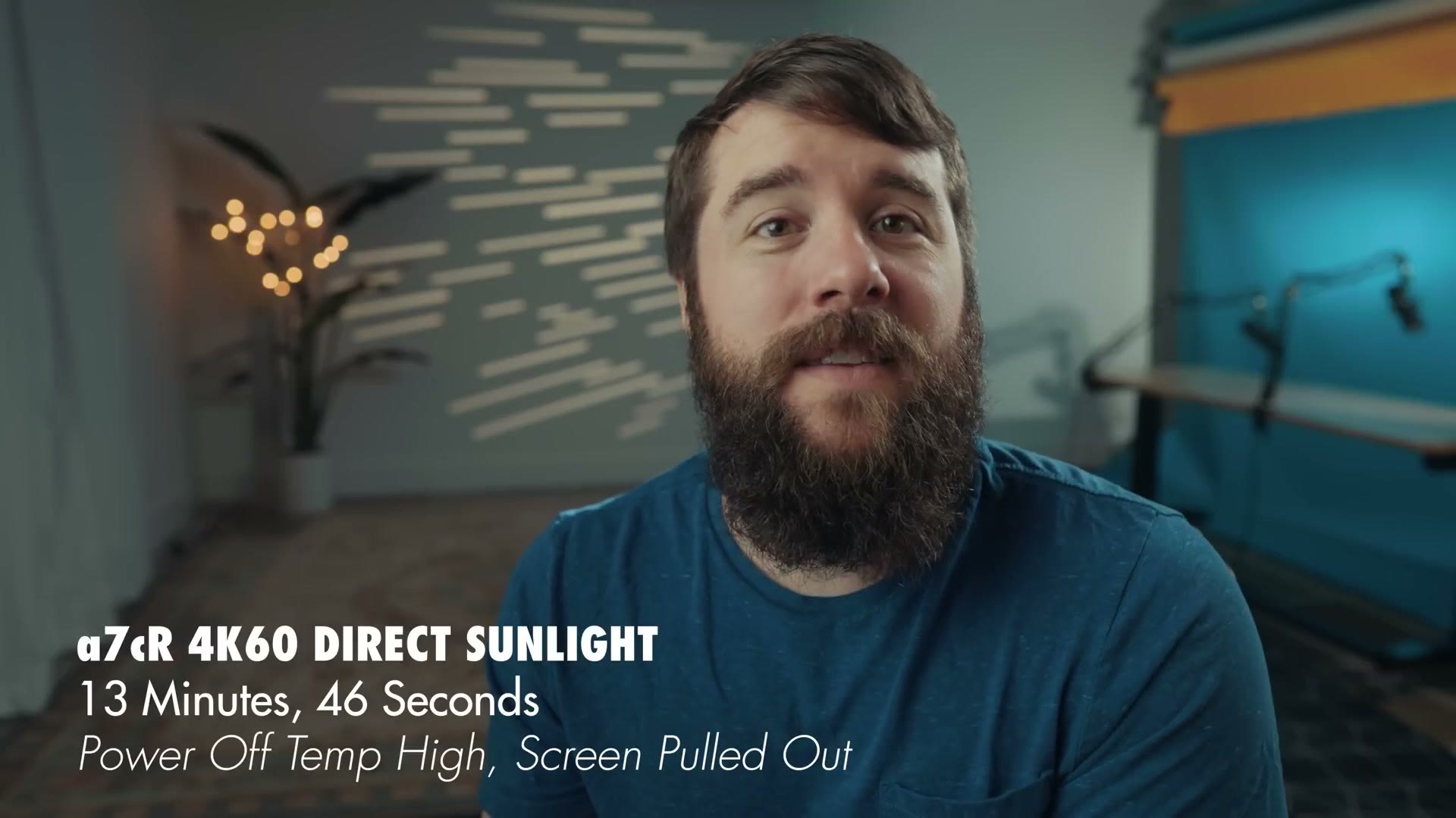 A title card reading a7cR 4K60 direct sunlight, 13 minutes 46 seconds, power off temp high, screen pulled out
