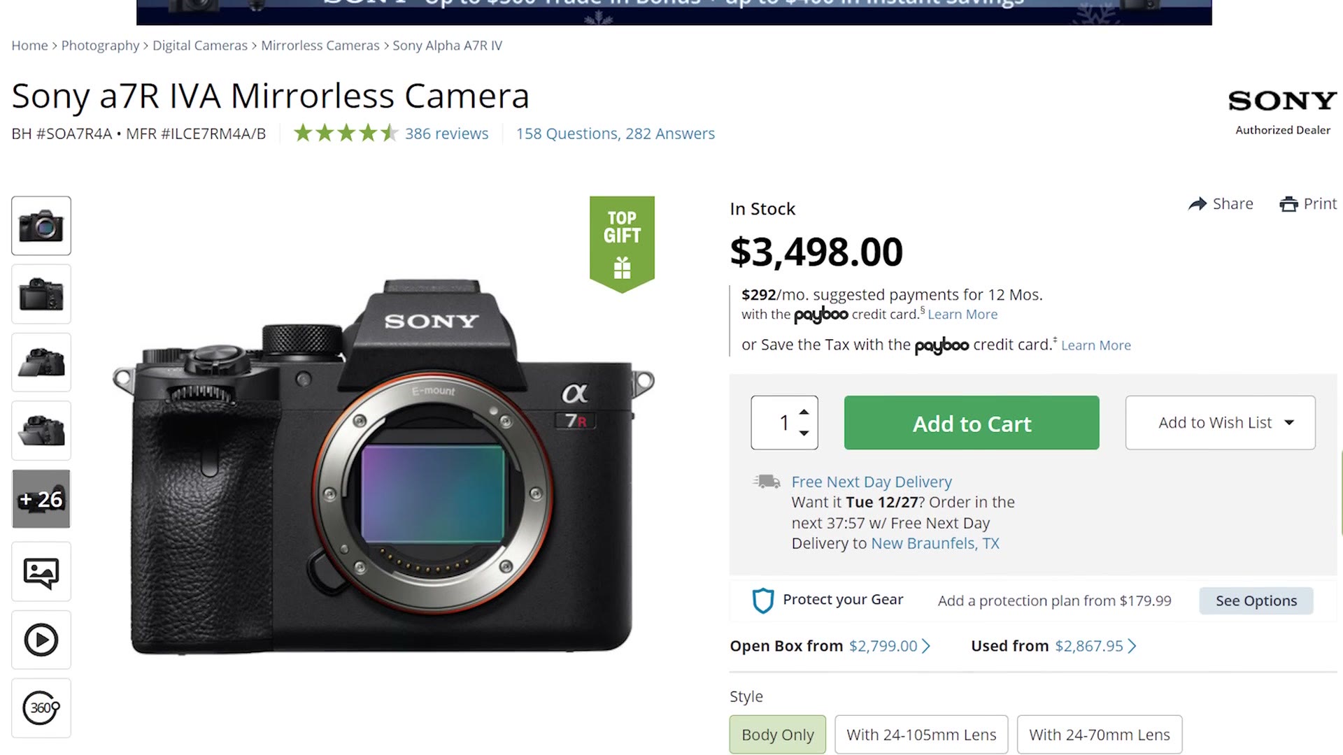 A B&H product page for the Sony a7R IVA mirrorless camera priced at $3,498.00