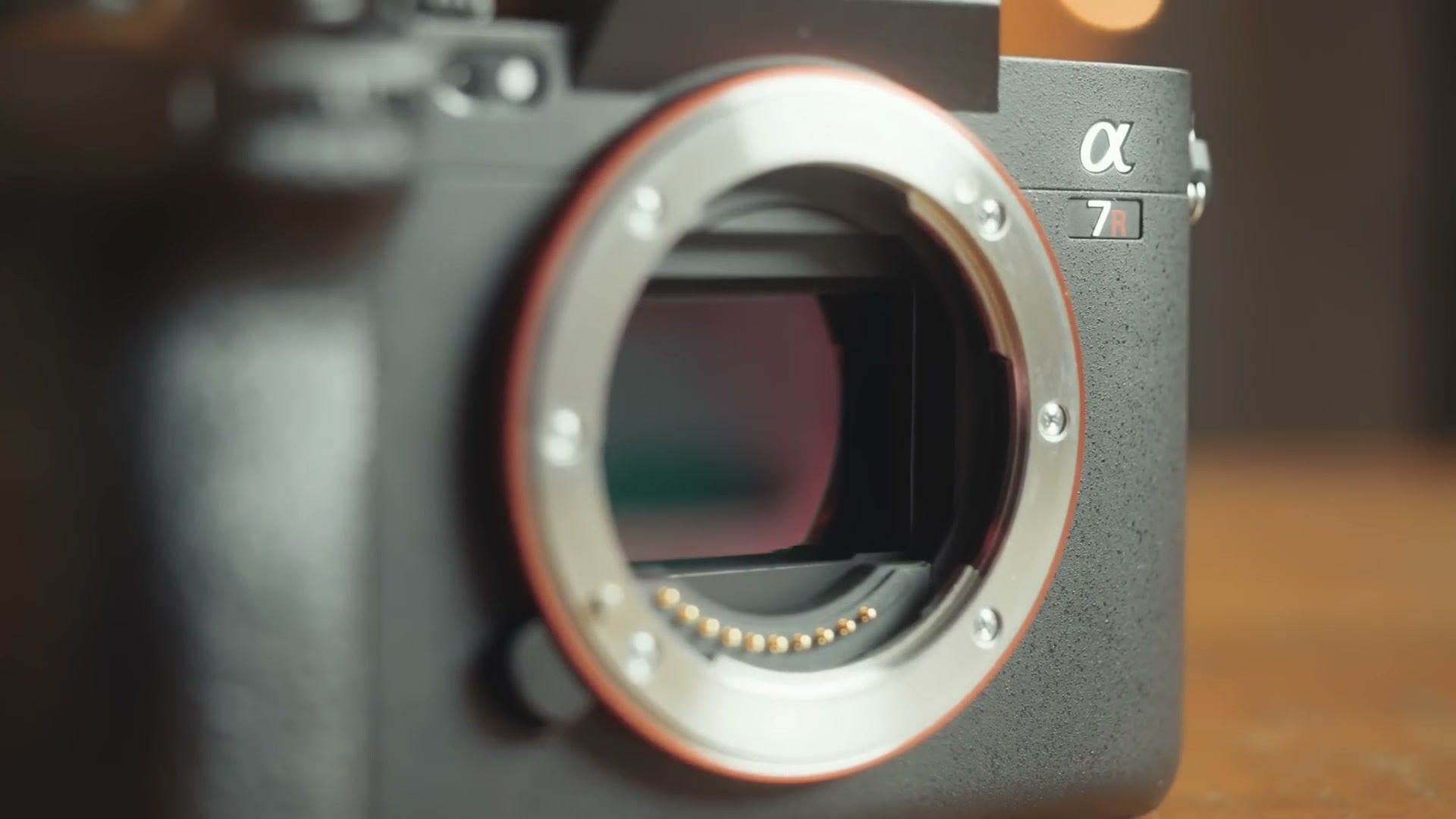 The Sony a7R V with no lens attached showing the 61 megapixel full frame sensor