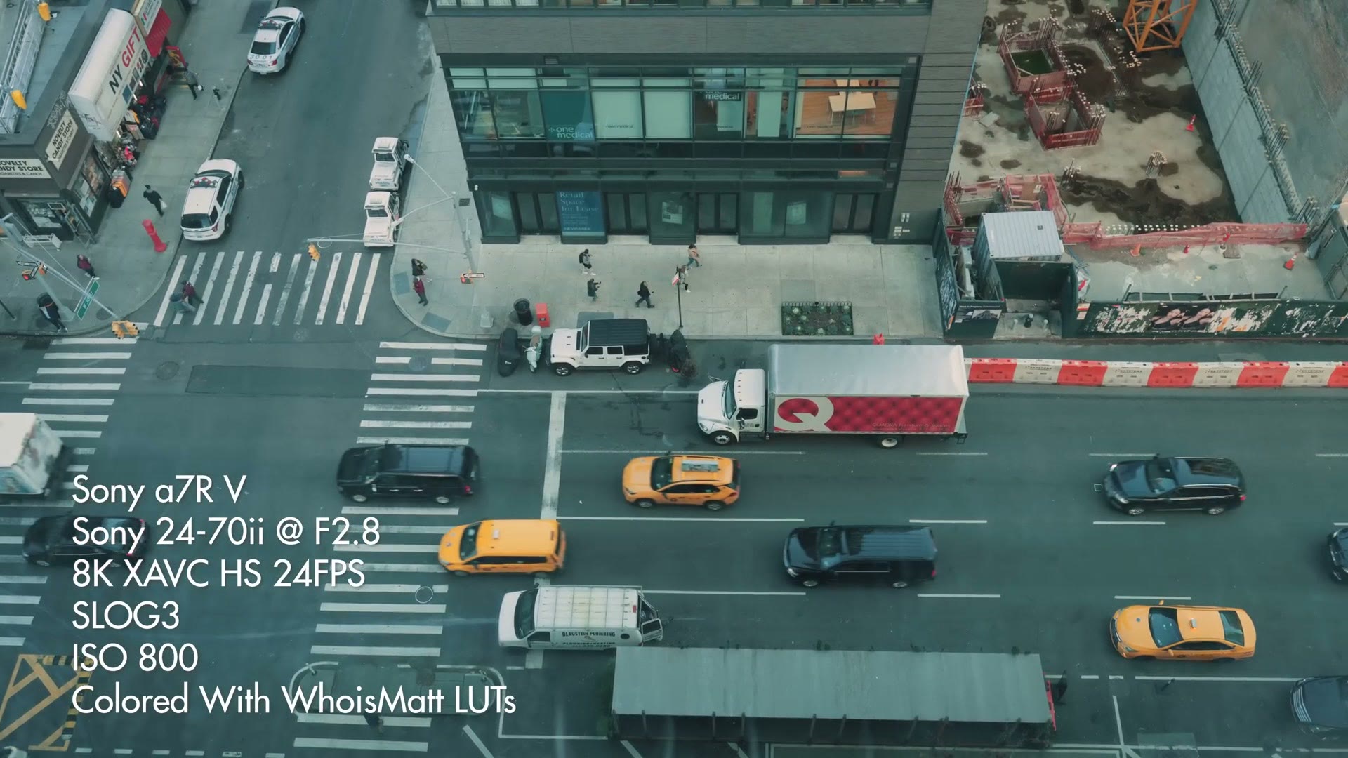 An overhead 8K shot of a New York City intersection filmed on the a7R V