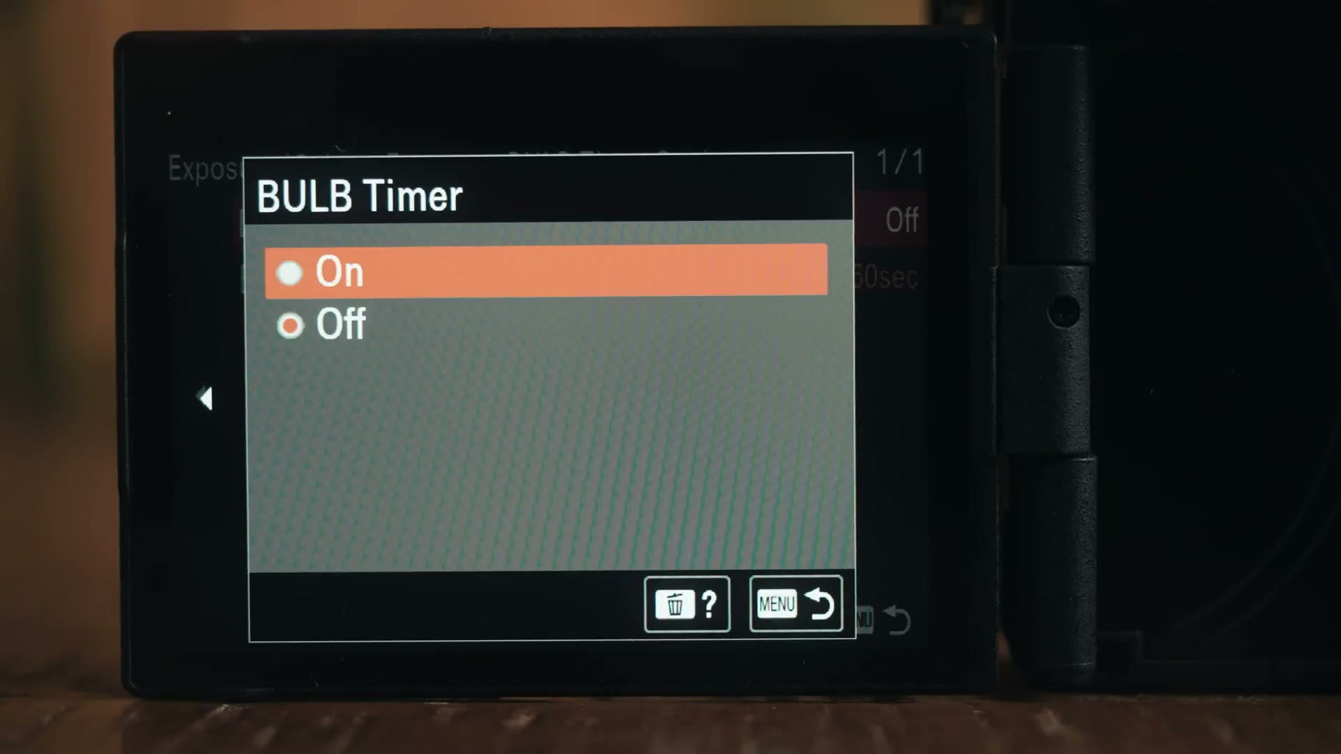 The Sony a7R V bulb timer menu showing On and Off options