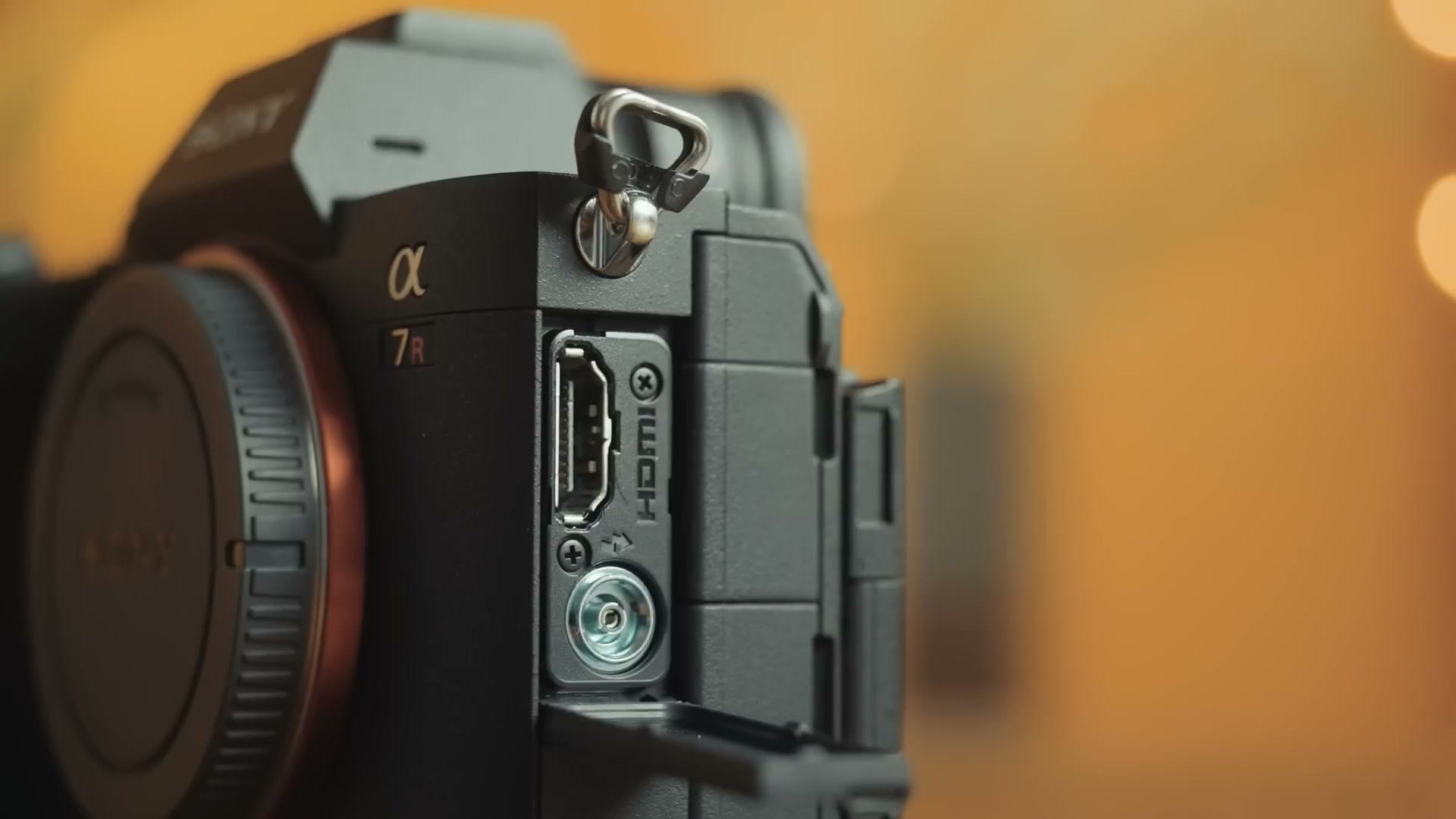 The side ports on the Sony a7R V including full size HDMI, USB-C, microphone and headphone jacks
