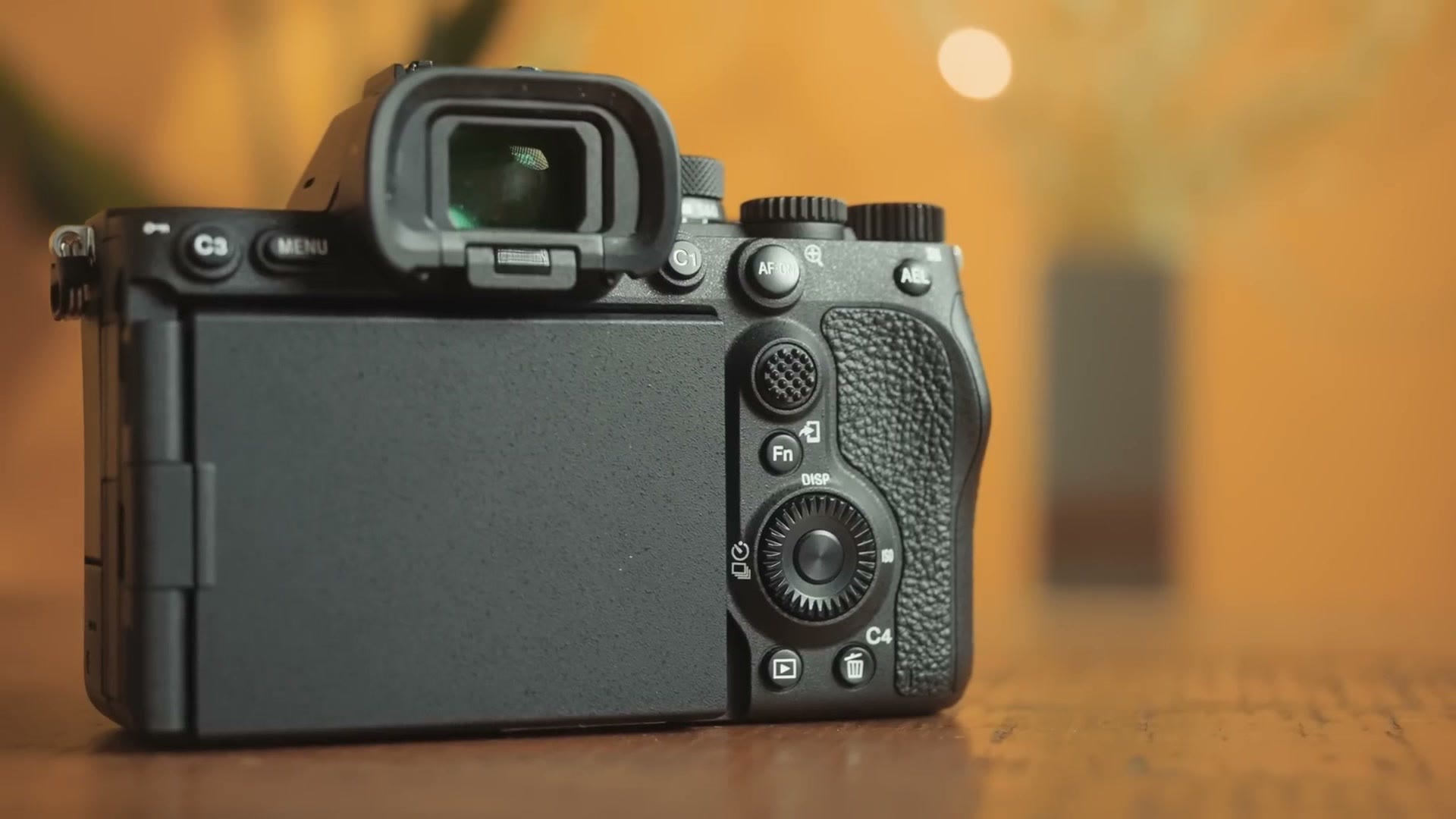 The back of the Sony a7R V showing the four axis articulating screen