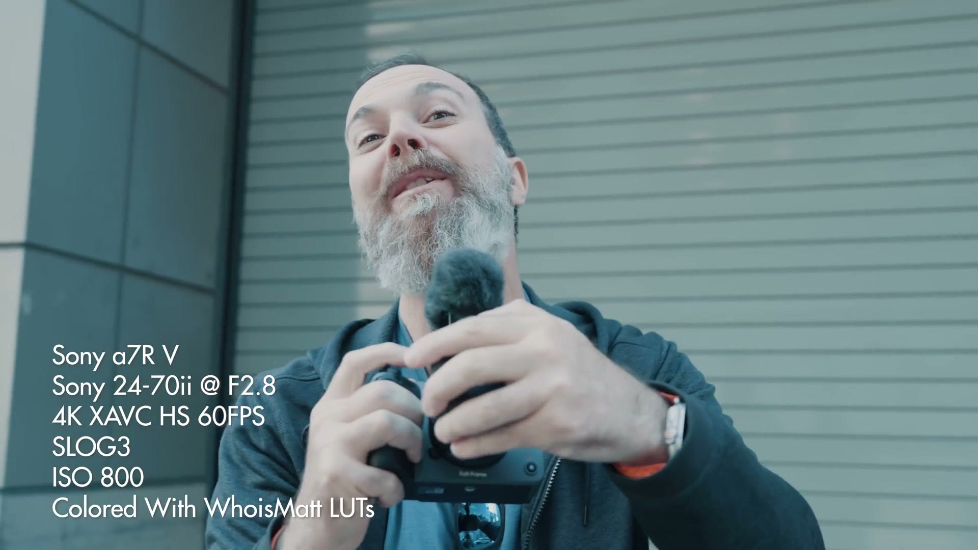 Matt filming himself on the a7R V with settings overlay reading 4K XAVC HS 60FPS, SLOG3, ISO 800