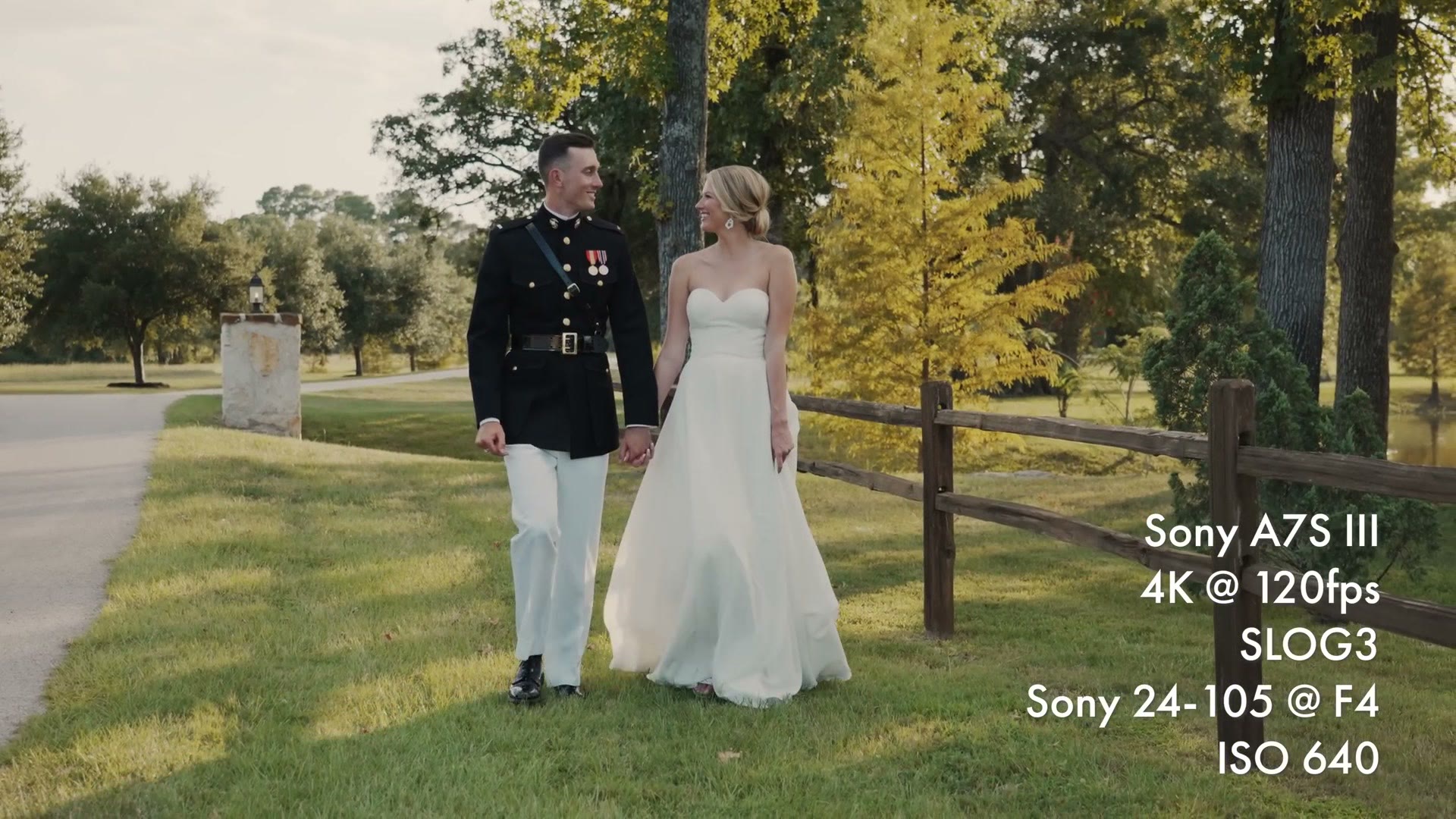 A bride and groom walking toward the camera, filmed at 4K 120 frames per second in SLOG3