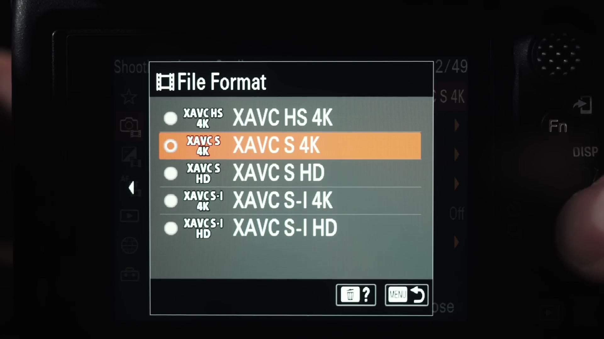 The a7S III file format menu listing XAVC HS 4K, XAVC S 4K, XAVC S HD, XAVC S-I 4K and XAVC S-I HD