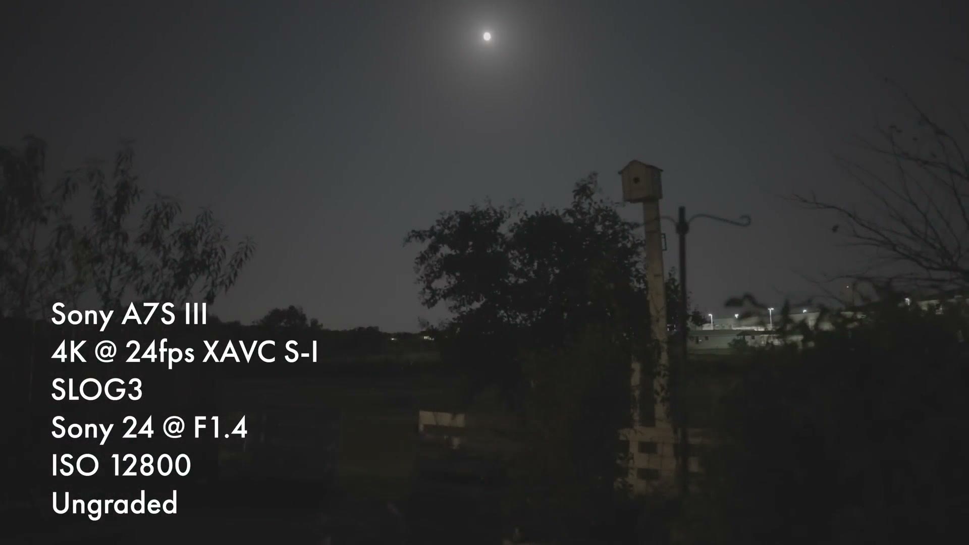 An ungraded moonlit test shot labelled 4K 24fps SLOG3 at ISO 12,800