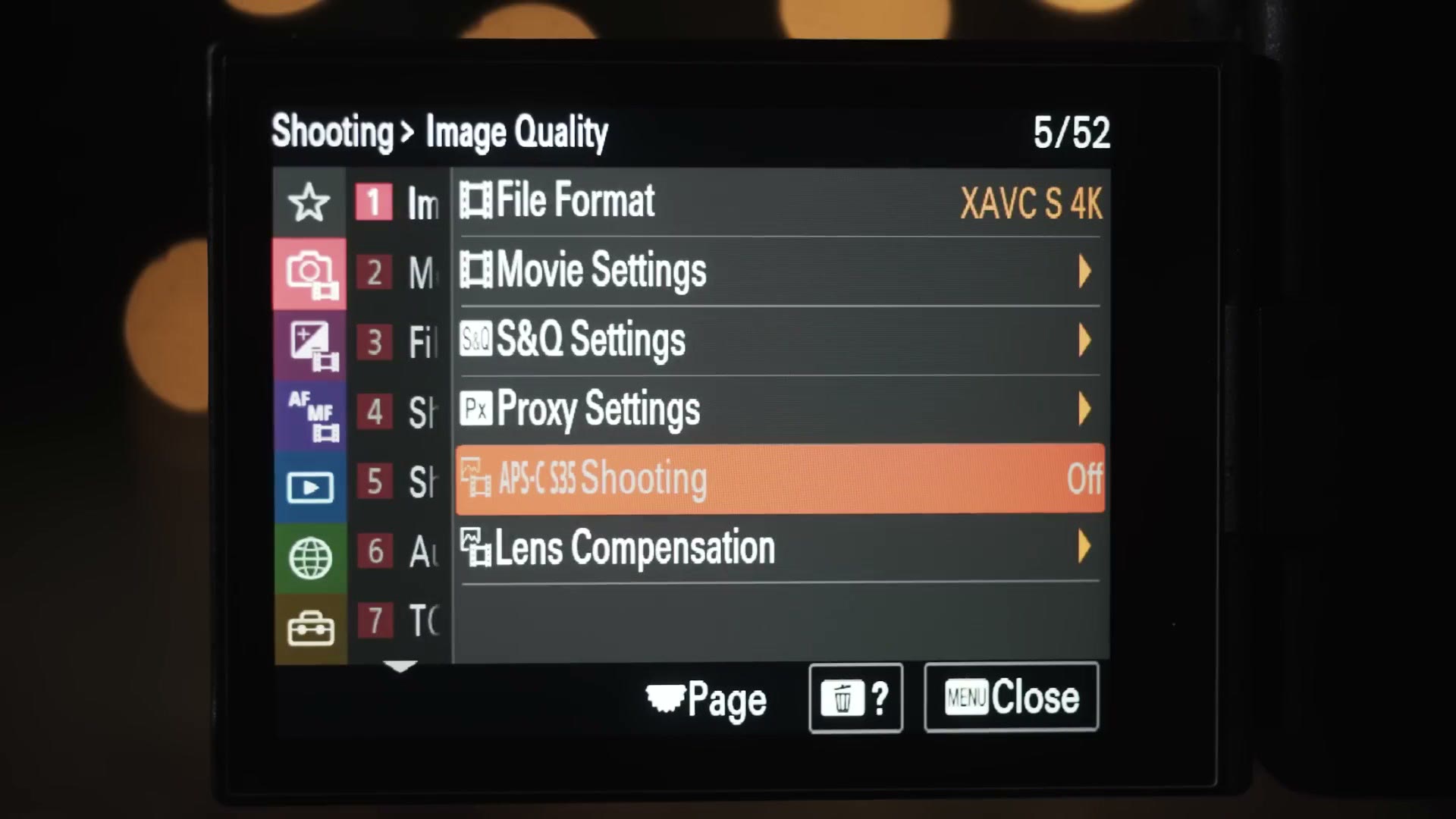 The new Sony a7S III menu showing the color coded sidebar and the APS-C S35 shooting setting