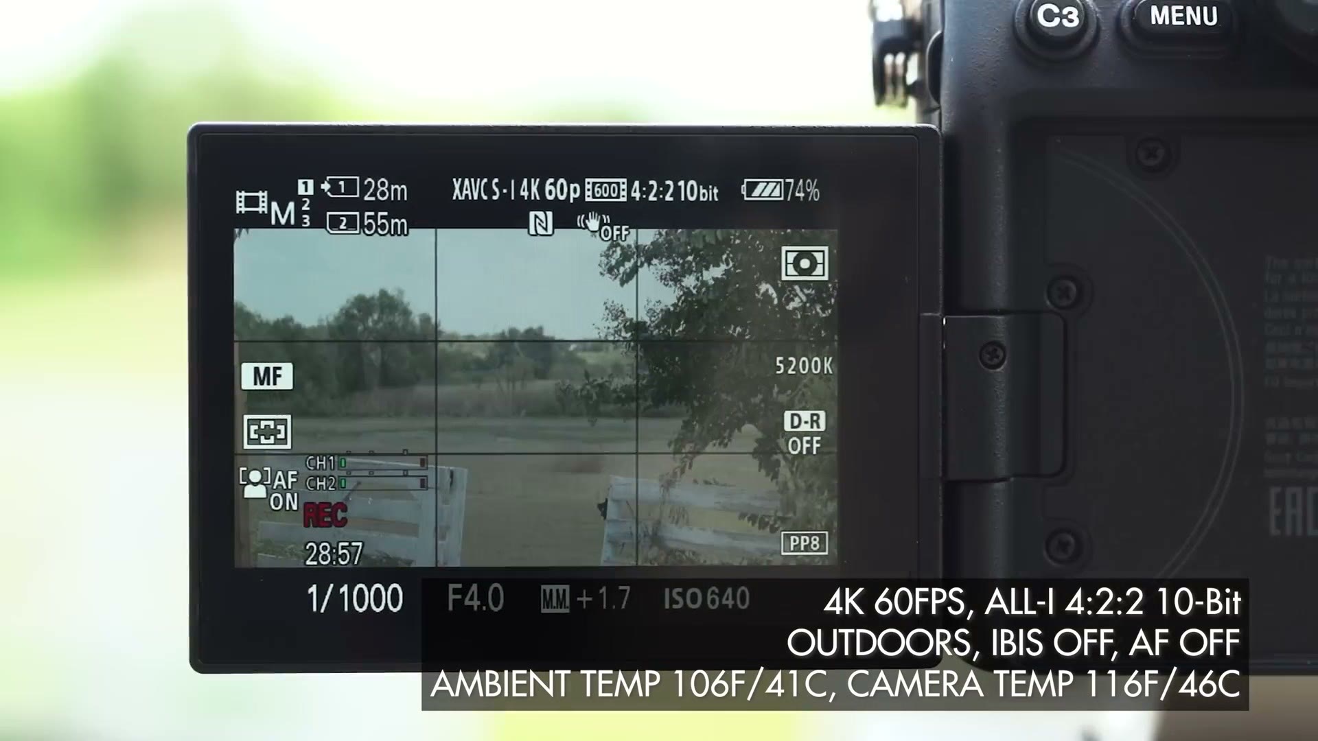 Sony a7S III rear screen during an overheating test showing 105F ambient temperature and 116F camera temperature