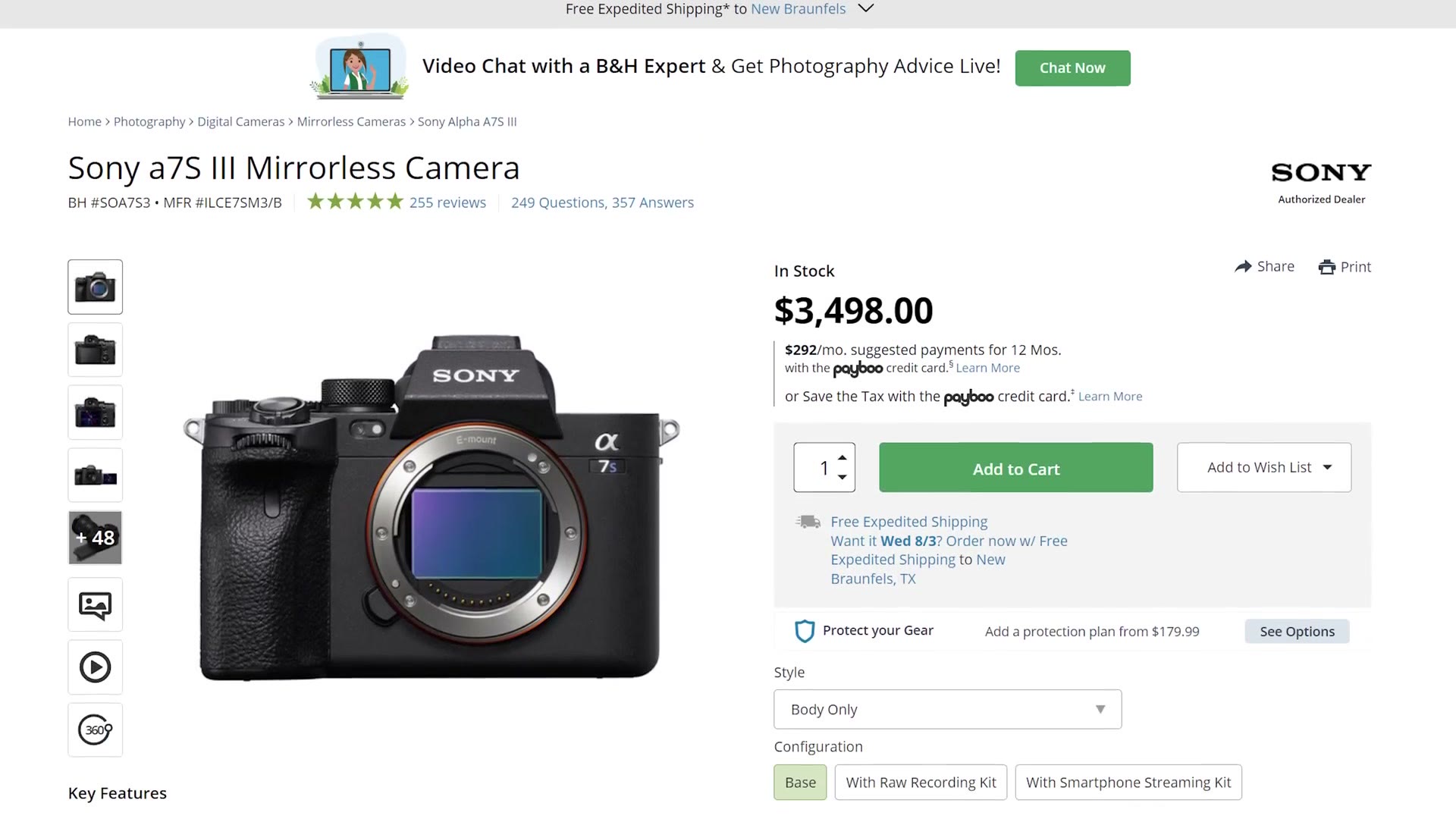 B&H product page showing the Sony a7S III mirrorless camera priced at $3,498