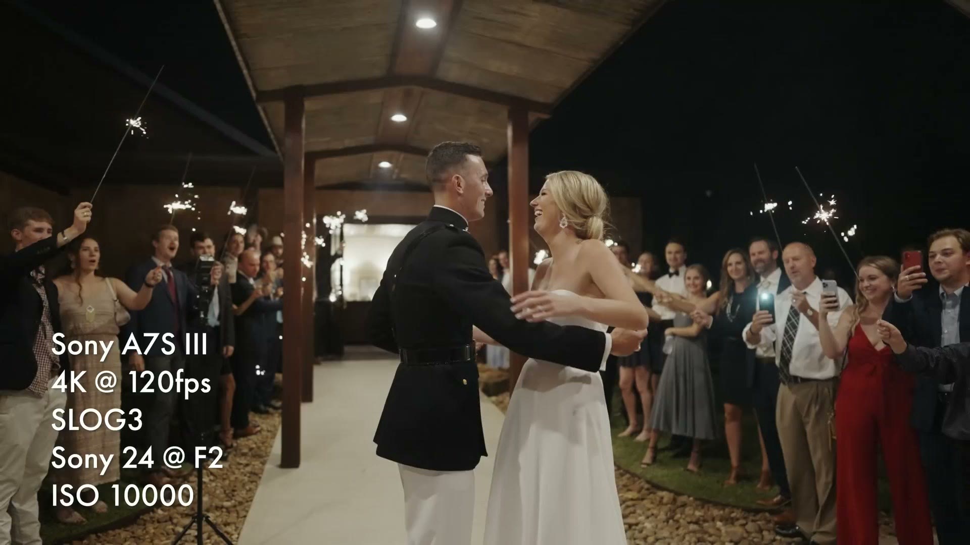 A couple's sparkler exit filmed at 4K 120 frames per second in SLOG3 at ISO 10,000