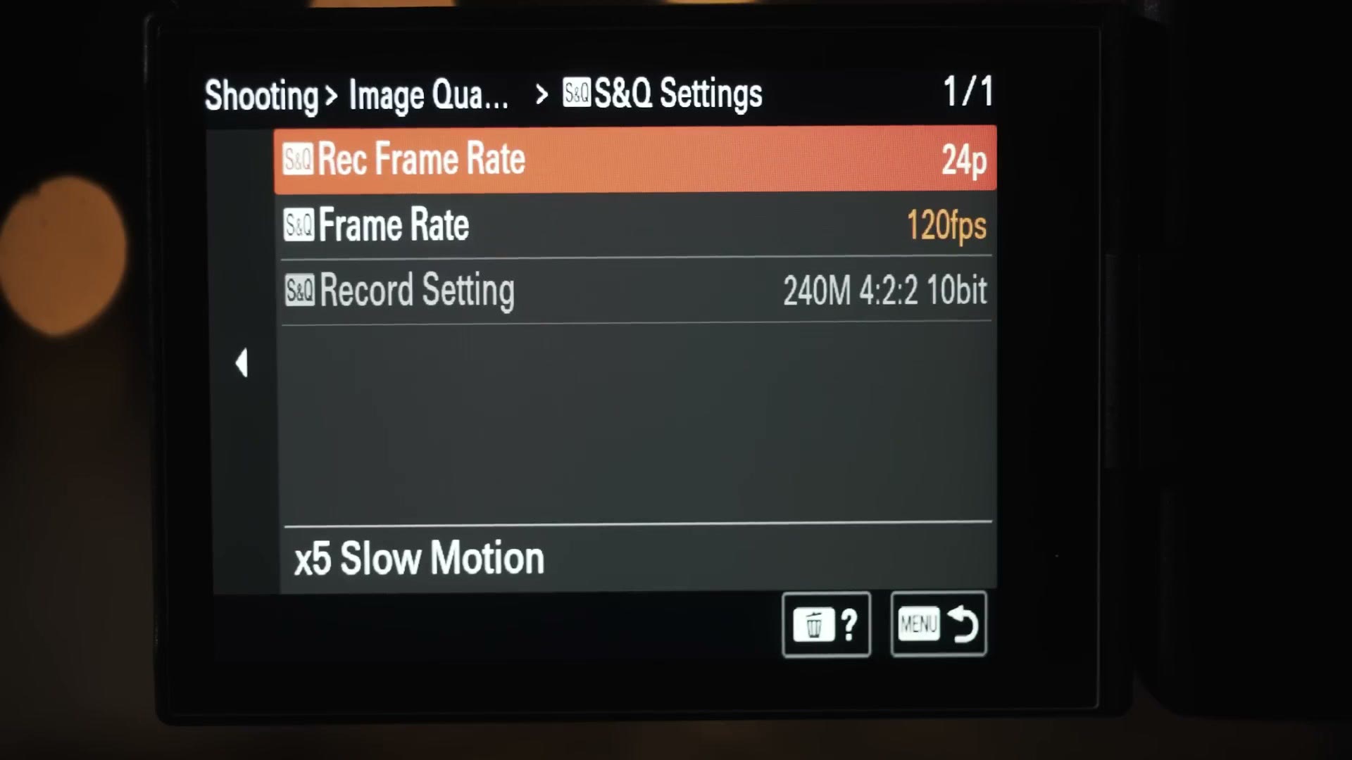 The S&Q settings screen showing 120fps recorded at 240M 4:2:2 10 bit