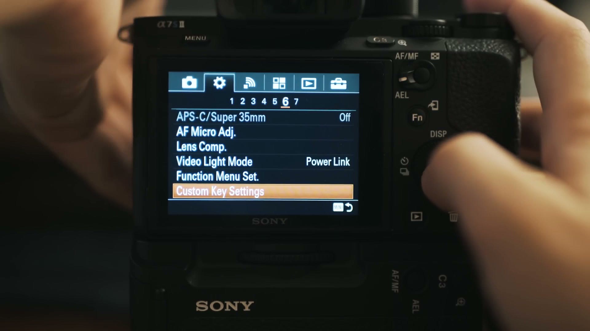 Sony a7S II gear menu on subheading 6 with Custom Key Settings highlighted at the bottom of the list