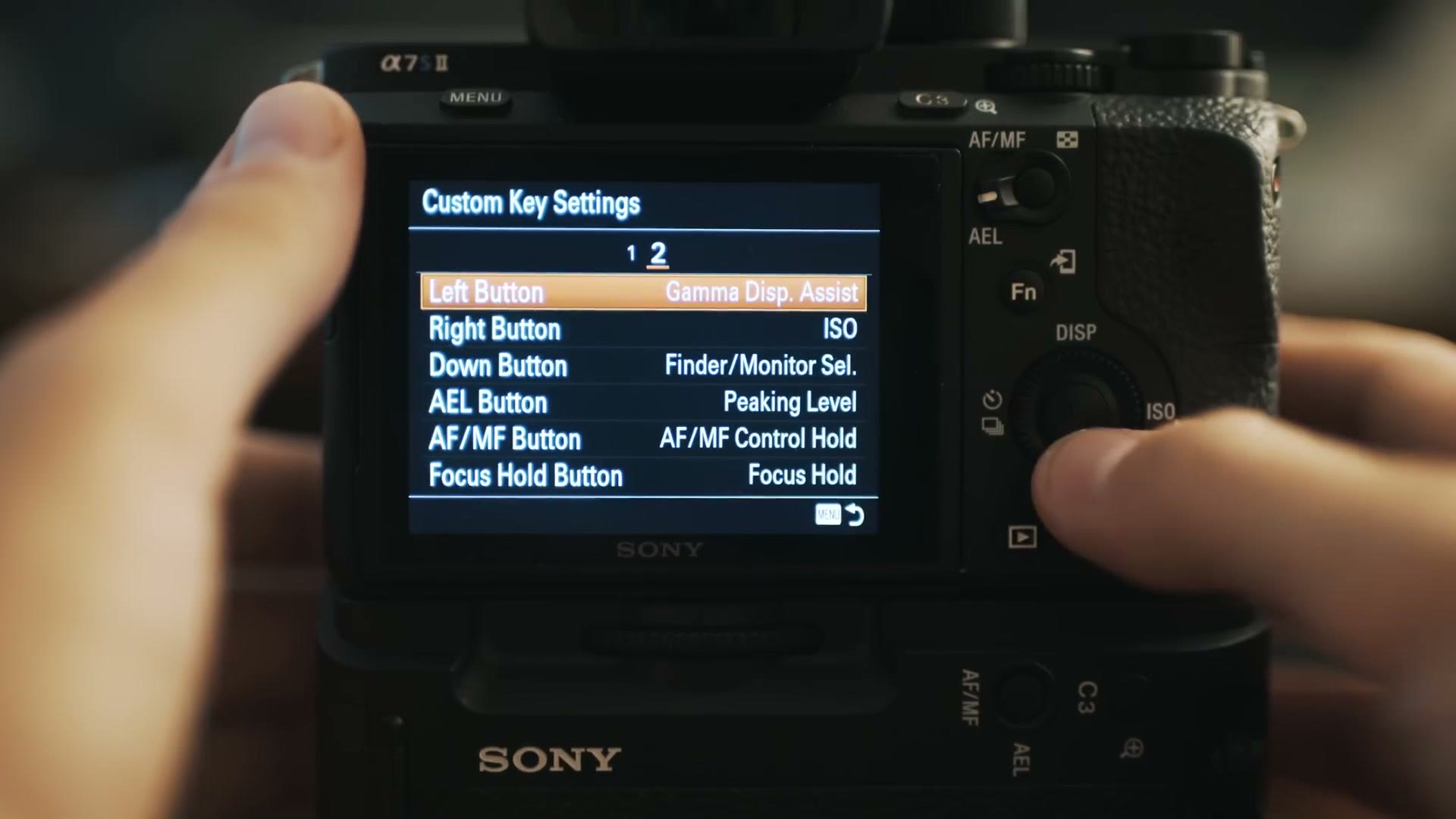 Sony a7S II Custom Key Settings page 2 showing Left Button Gamma Disp. Assist, Right Button ISO, Down Button Finder/Monitor Sel., AEL Button Peaking Level, AF/MF Button AF/MF Control Hold, Focus Hold Button Focus Hold