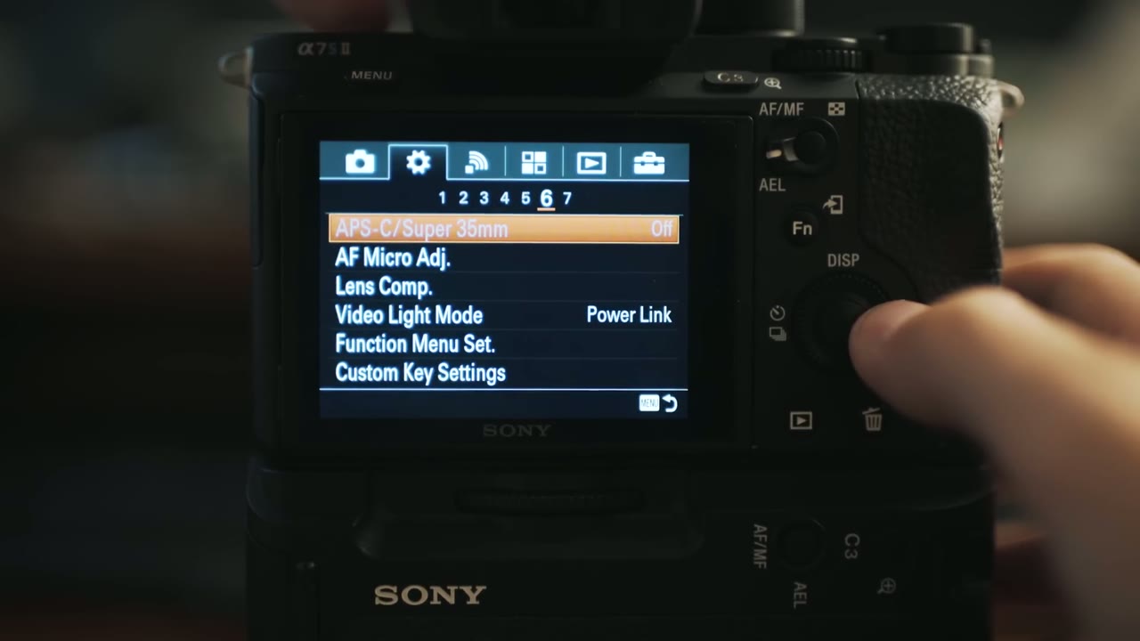 Sony a7S II menu page 6 showing APS-C/Super 35mm set to Off, with Function Menu Set. below it