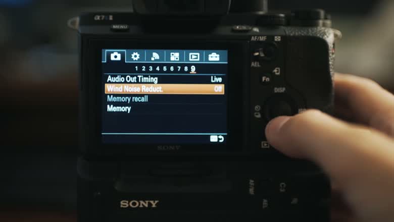 The Sony a7S II camera menu on subheading 9, showing Audio Out Timing, Wind Noise Reduct., Memory recall and Memory at the bottom