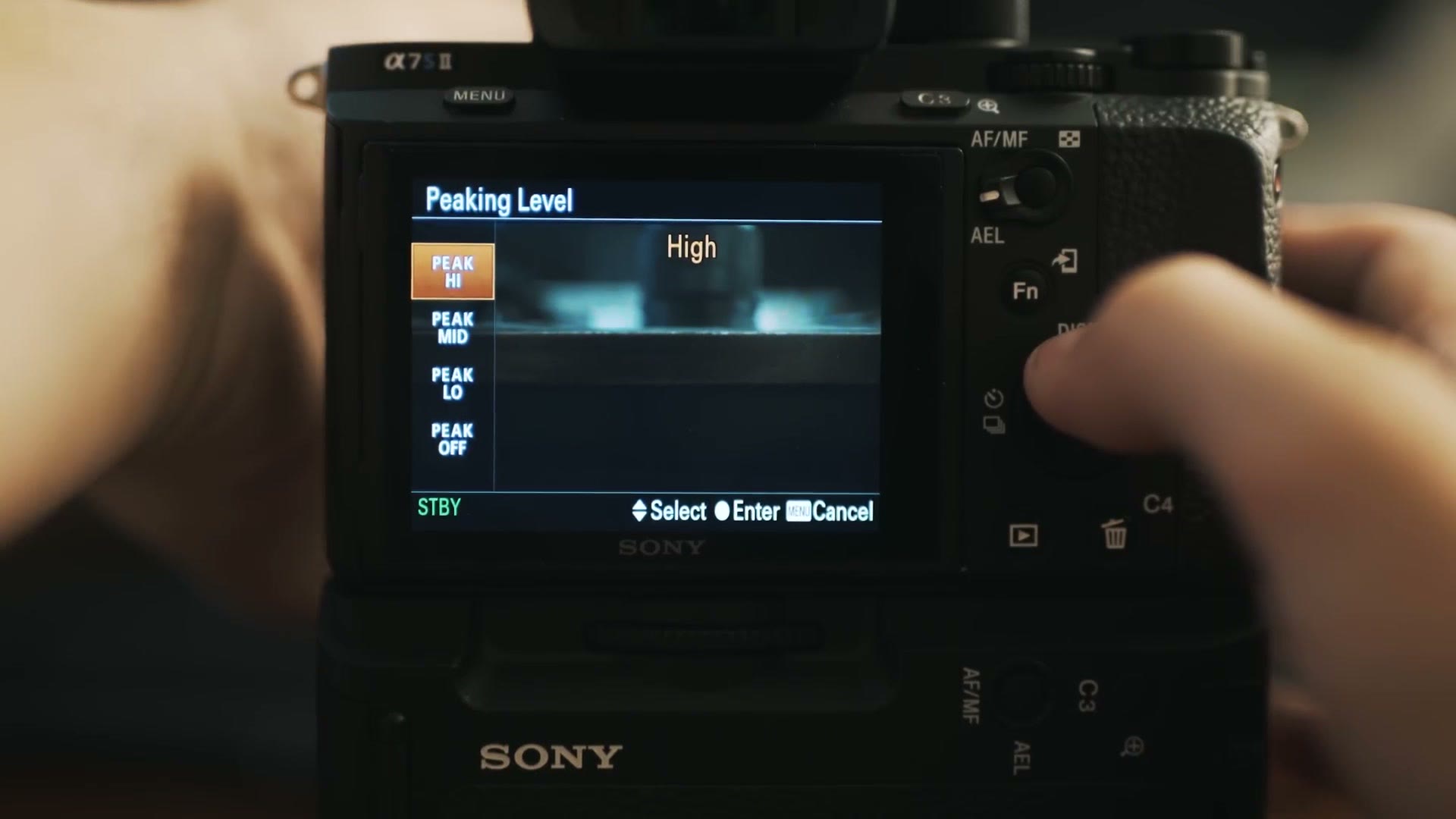 Sony a7S II Peaking Level screen set to High, with the level options Peak Hi, Peak Mid, Peak Lo and Peak Off down the left side