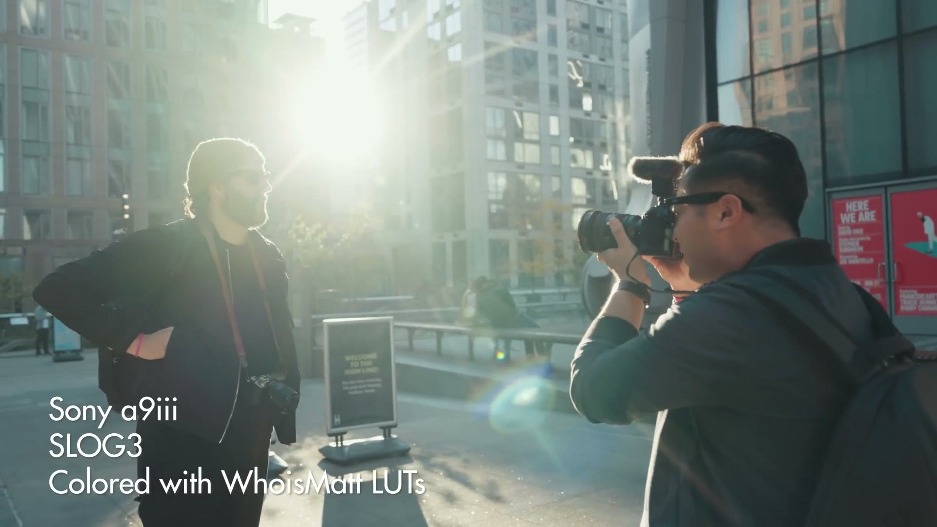 Sample footage shot on the Sony a9 III in S-Log3 showing a photographer firing a flash on a city street