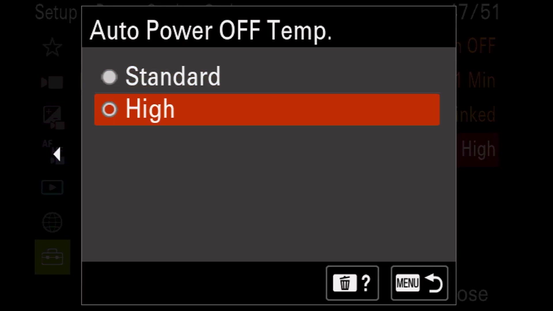 The Sony Auto Power OFF Temp menu with Standard and High options