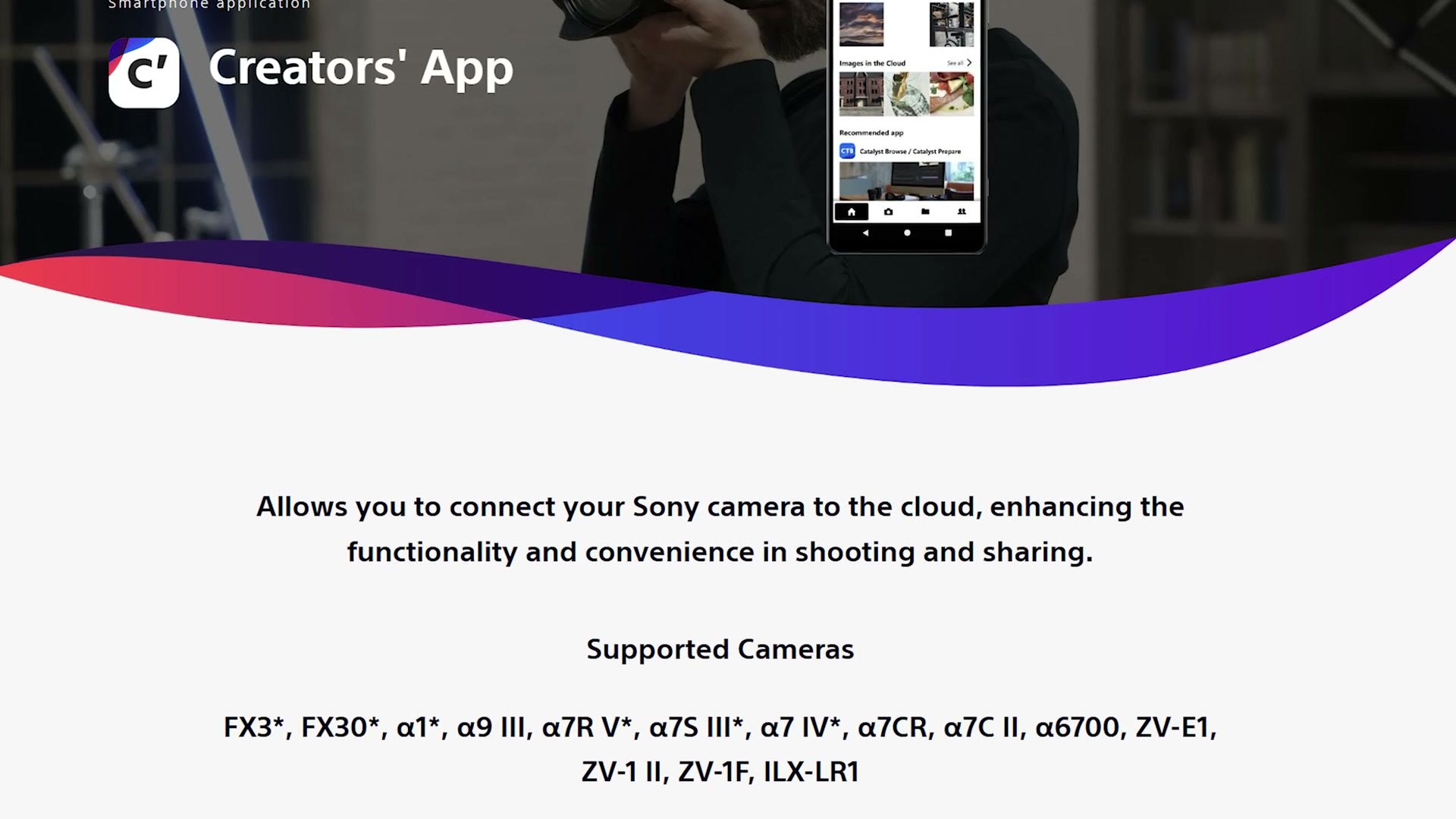 Sony Creators' App page listing supported cameras