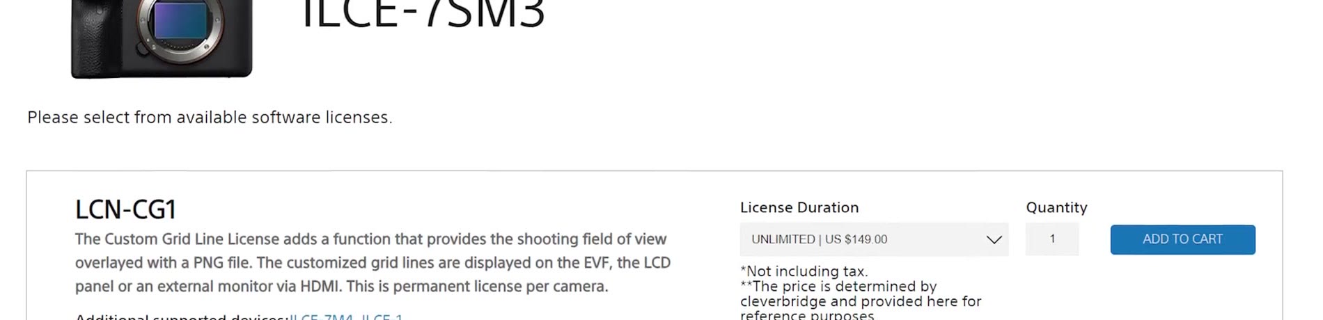 Sony software license page showing the LCN-CG1 Custom Grid Line License at $149