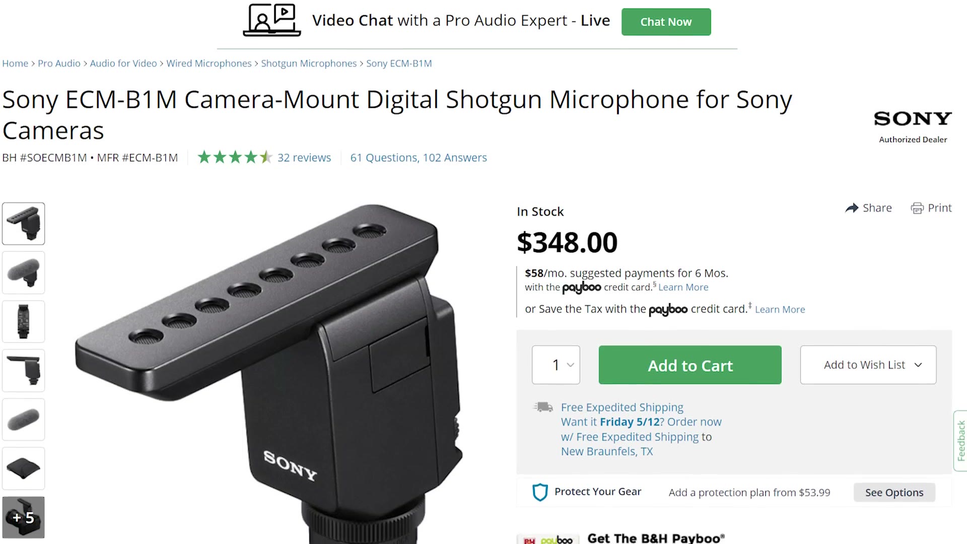 B&H product page for the Sony ECM-B1M digital shotgun microphone priced at $348