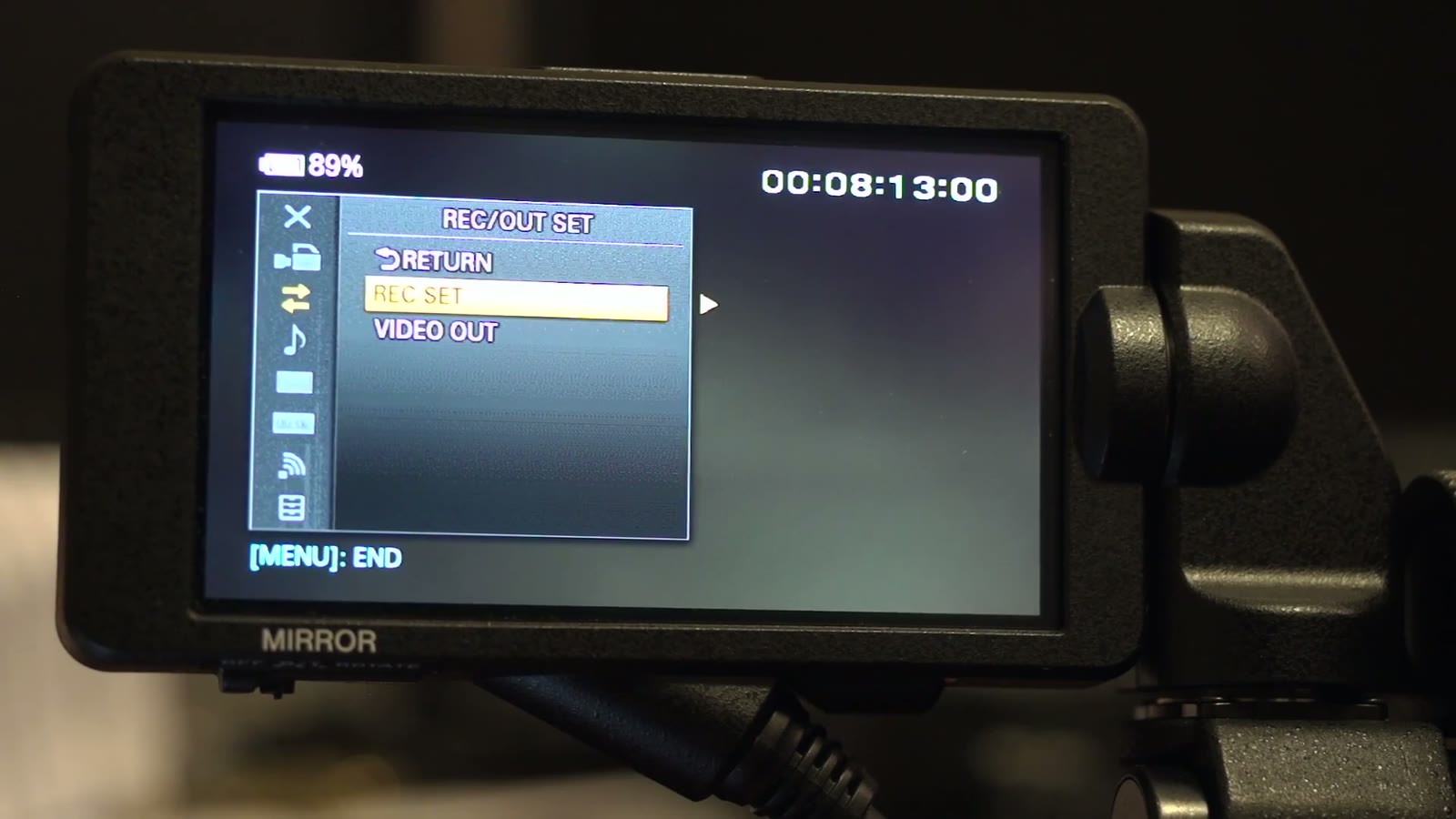 FS5 LCD showing the REC/OUT SET menu with REC SET highlighted above VIDEO OUT, timecode 00:08:13:00, battery 89%