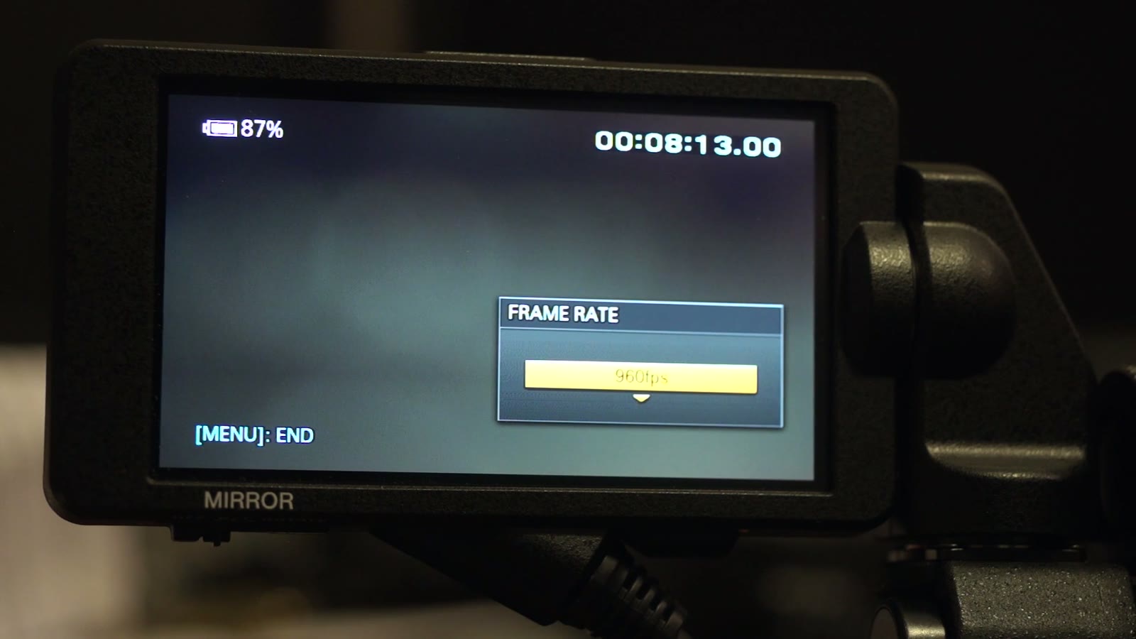FS5 LCD on the FRAME RATE submenu with a highlighted value box too small to read, timecode 00:08:13:00, battery 87%