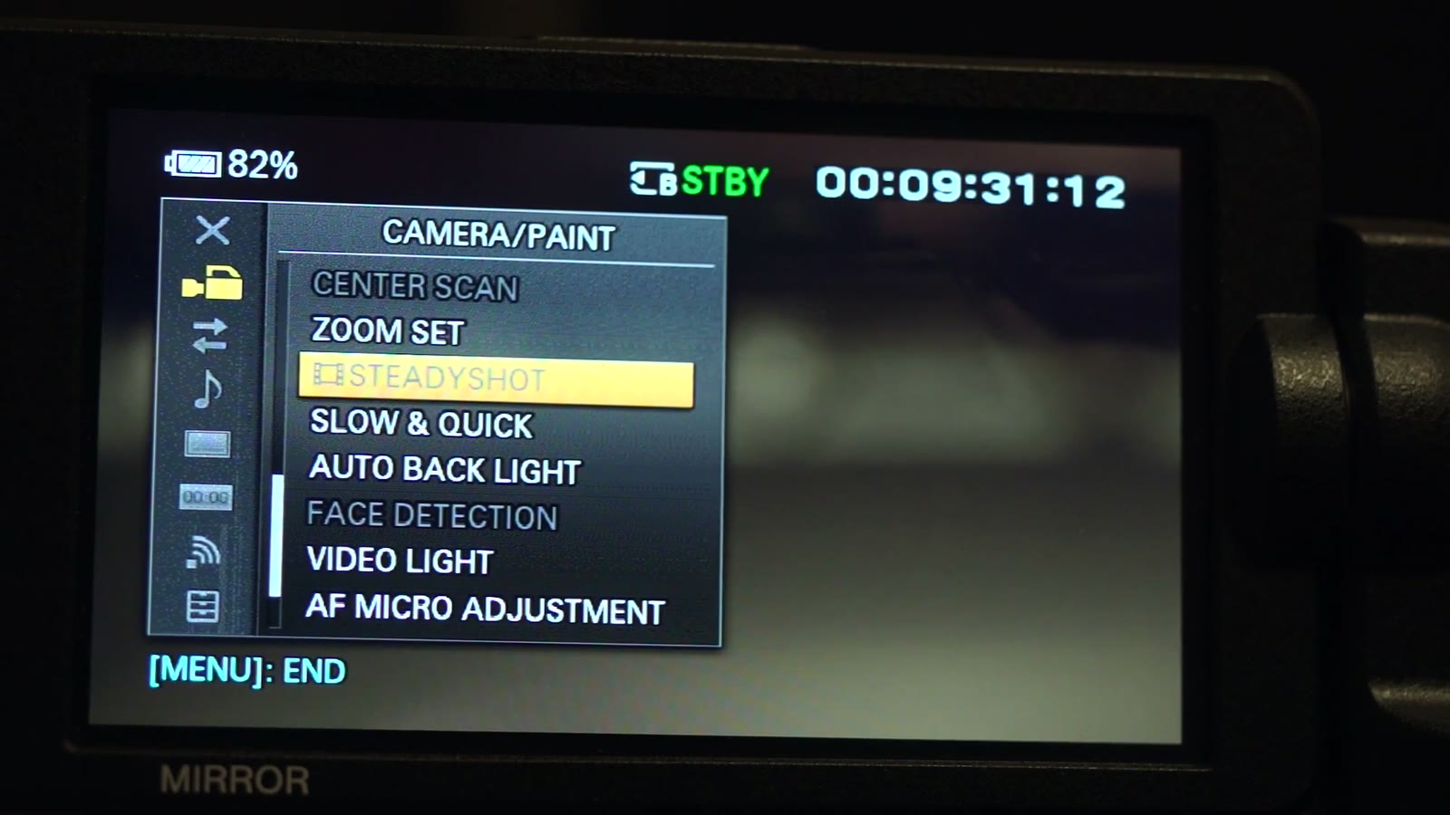 FS5 CAMERA/PAINT menu with STEADYSHOT highlighted, listing Center Scan, Zoom Set, Slow & Quick, Face Detection, Video Light