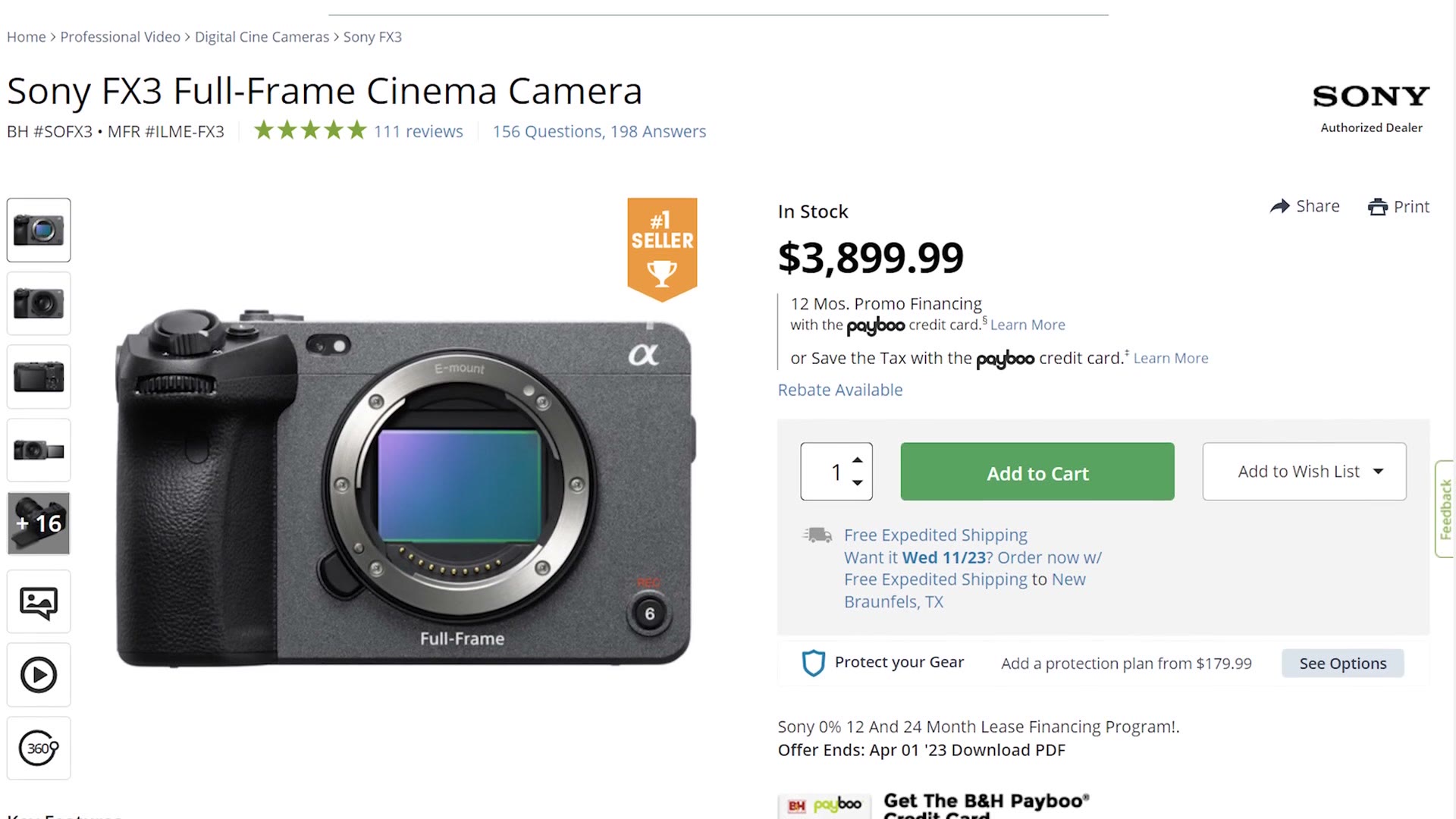 A B&H product page for the Sony FX3 full frame cinema camera priced at $3,899.99