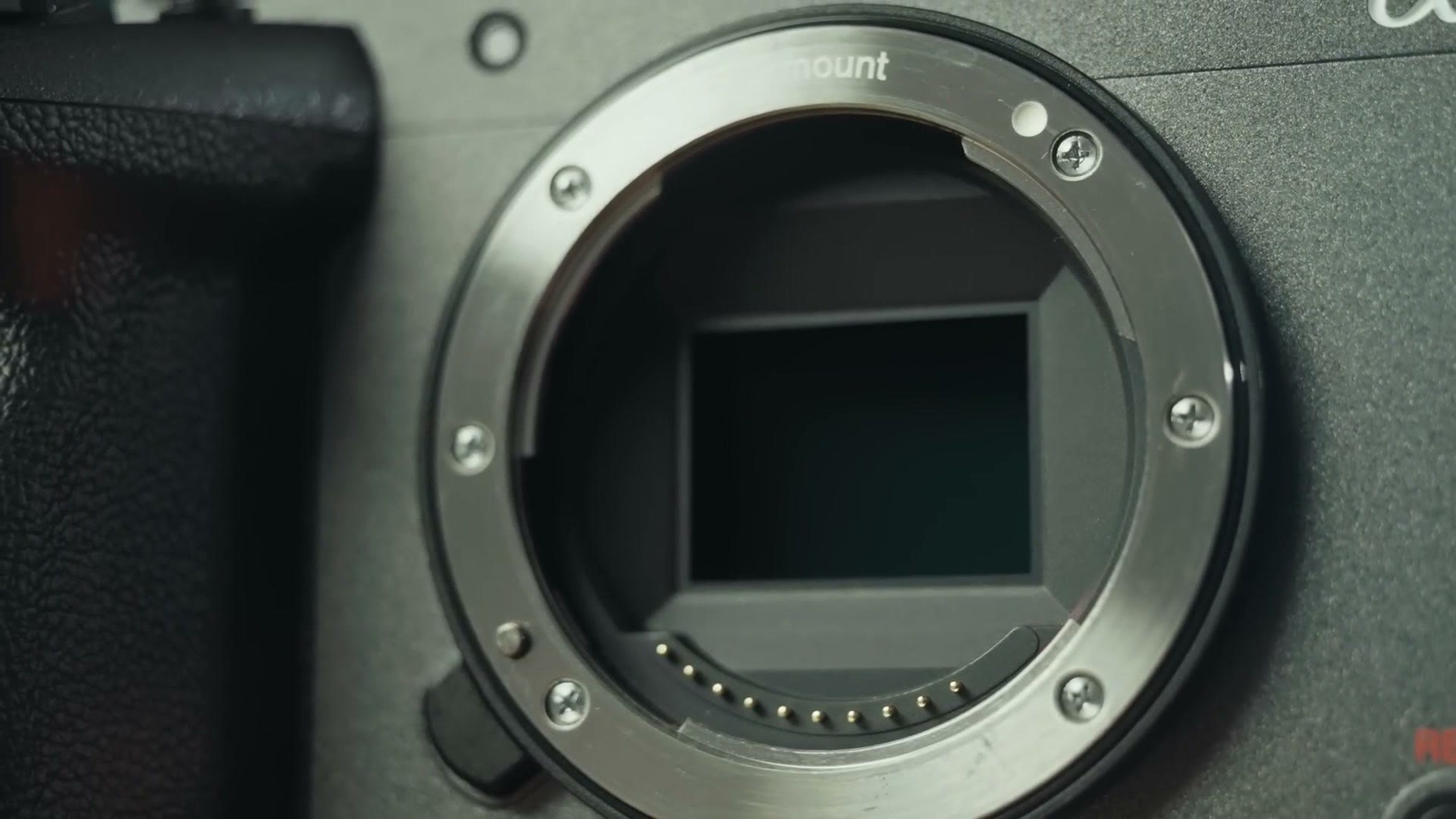 The APS-C sensor of the Sony FX30 with no lens attached