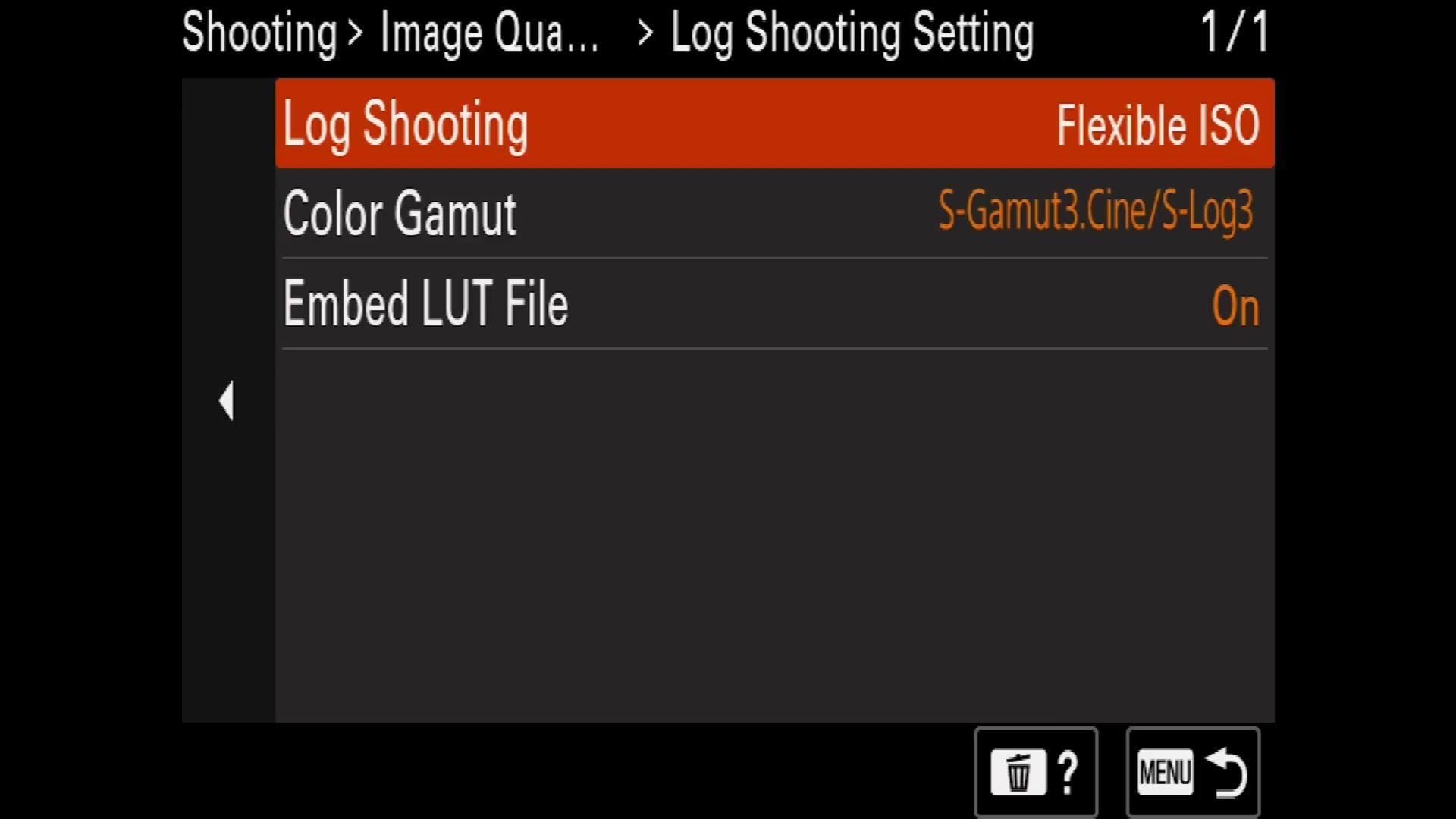 The Sony FX30 Log Shooting menu showing Flexible ISO and the S-Gamut3.Cine S-Log3 color gamut