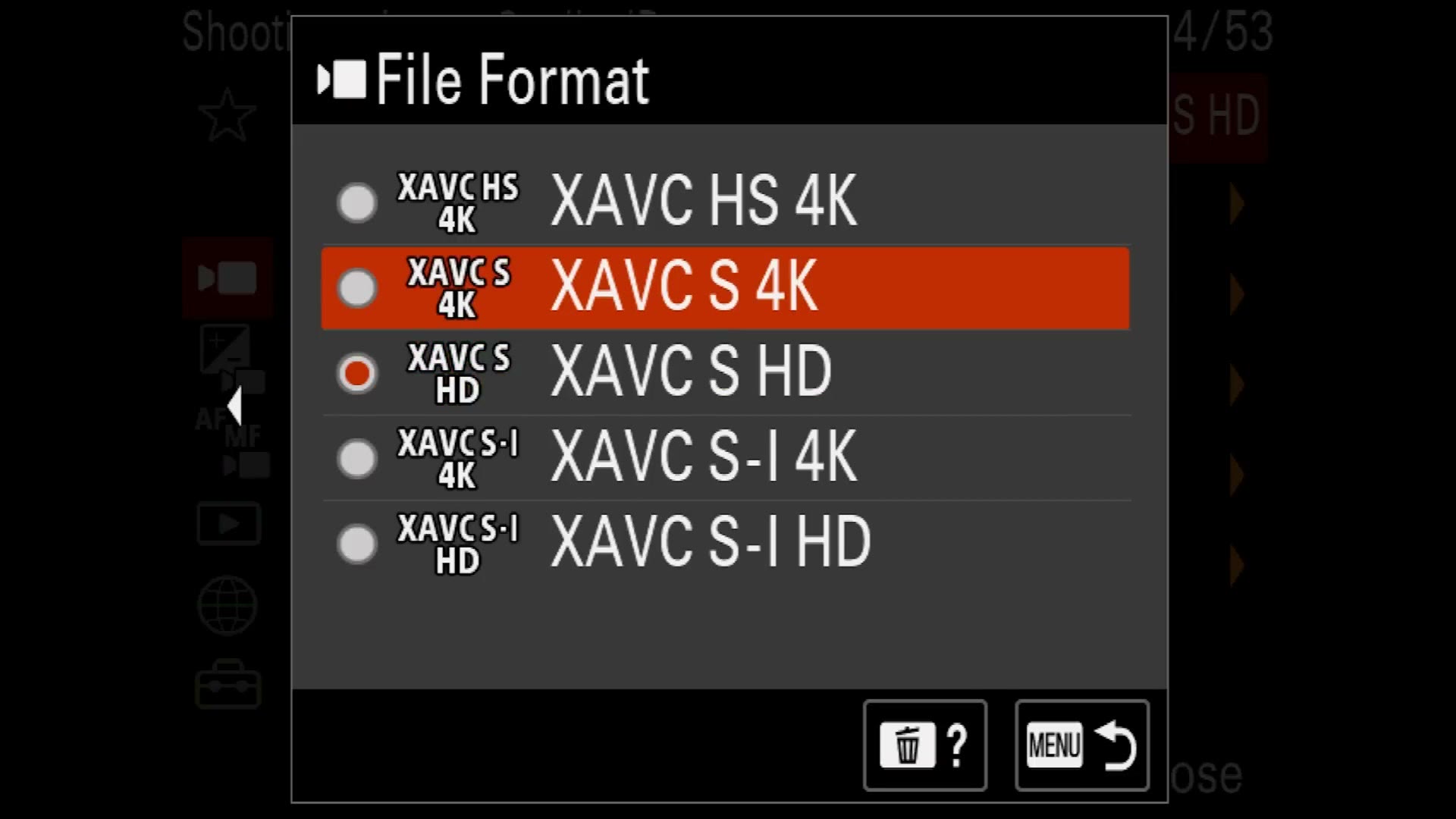 The Sony FX30 File Format menu showing the XAVC S, XAVC HS and XAVC S-I options