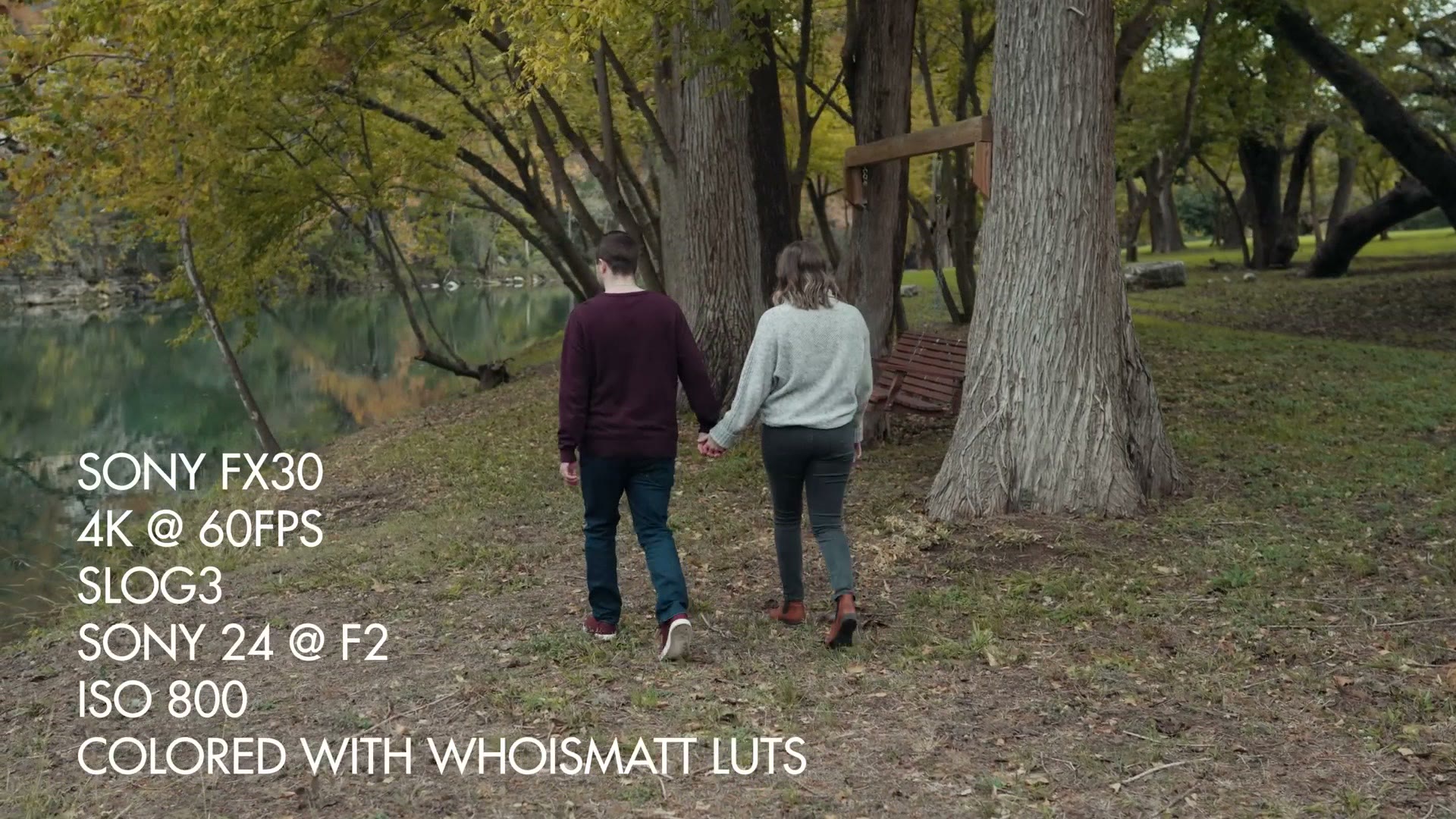 A couple walking through woodland filmed on the FX30 at 4K 60fps in S-Log3