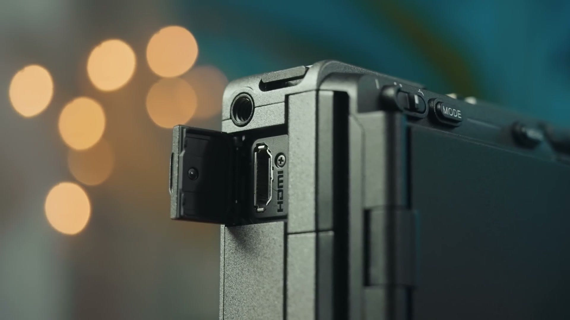The side ports on the Sony FX30 including full size HDMI and USB-C