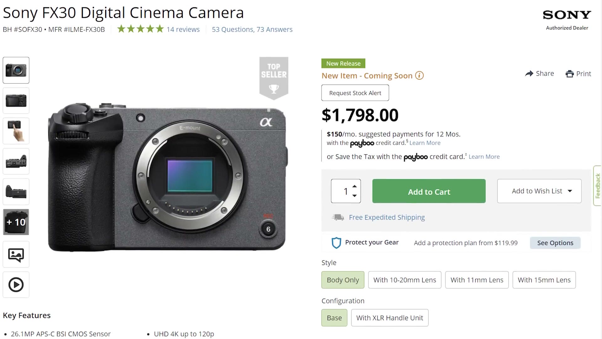 A B&H product page for the Sony FX30 Digital Cinema Camera priced at $1,798