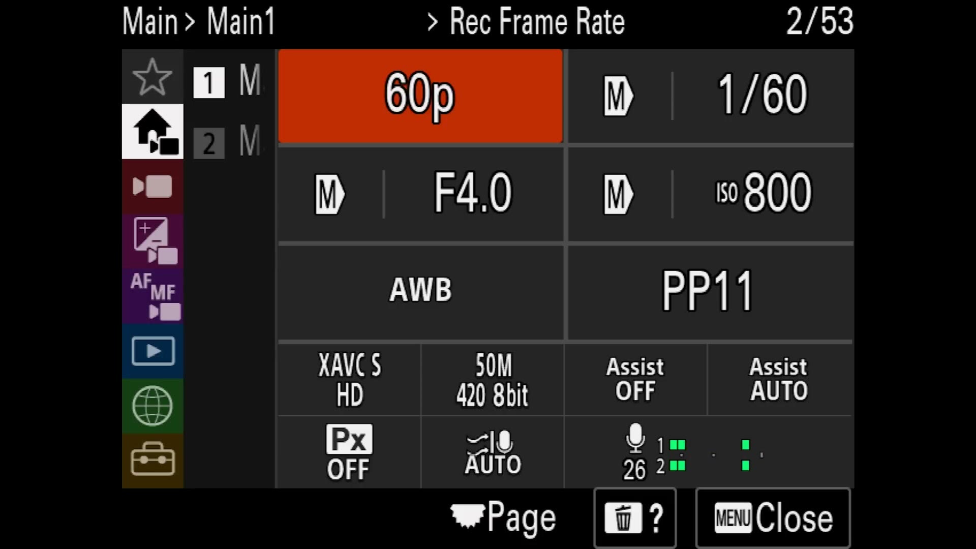 The Sony FX30 quick access menu showing frame rate, shutter, aperture, ISO and picture profile