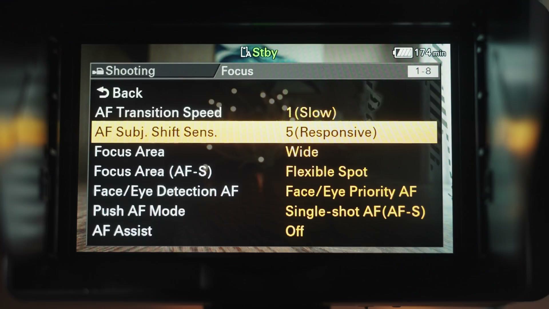 The FX6 focus menu showing AF Transition Speed, Focus Area and Face/Eye Detection AF