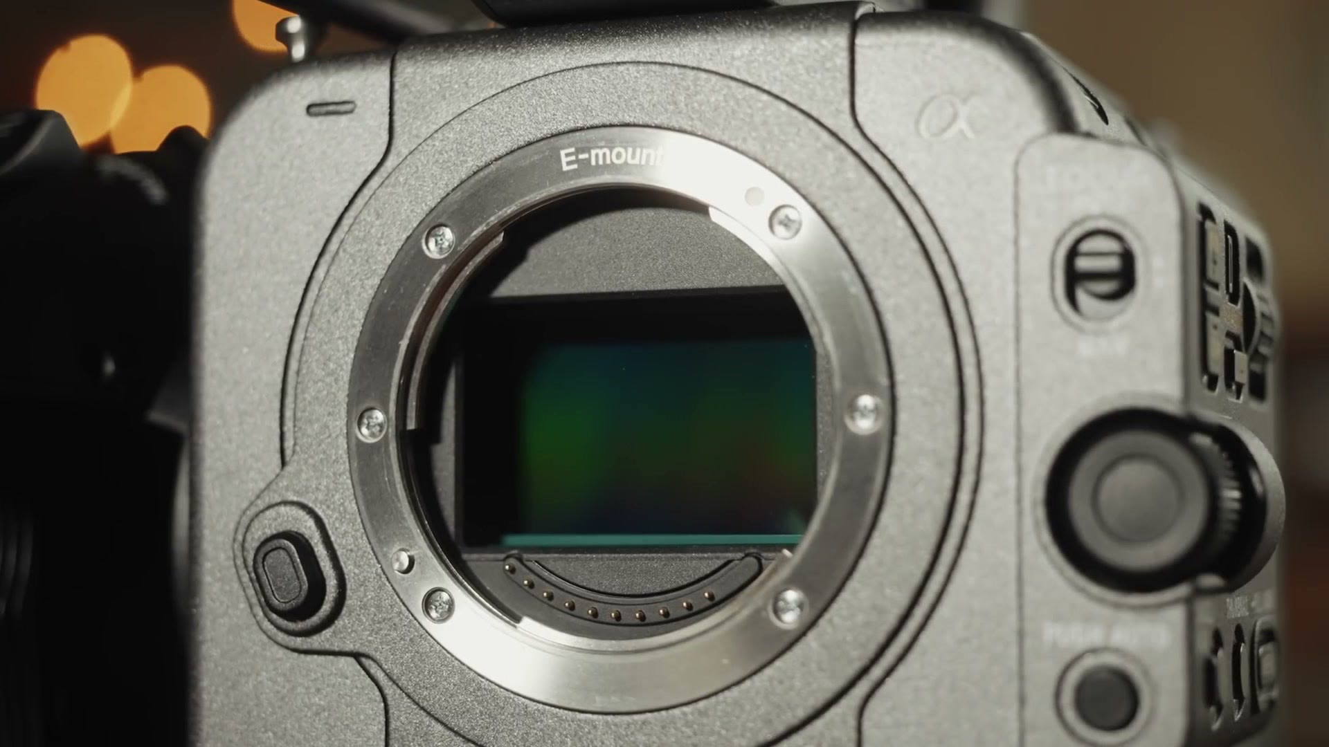 The bare full frame sensor of the Sony FX6 behind an open E-mount