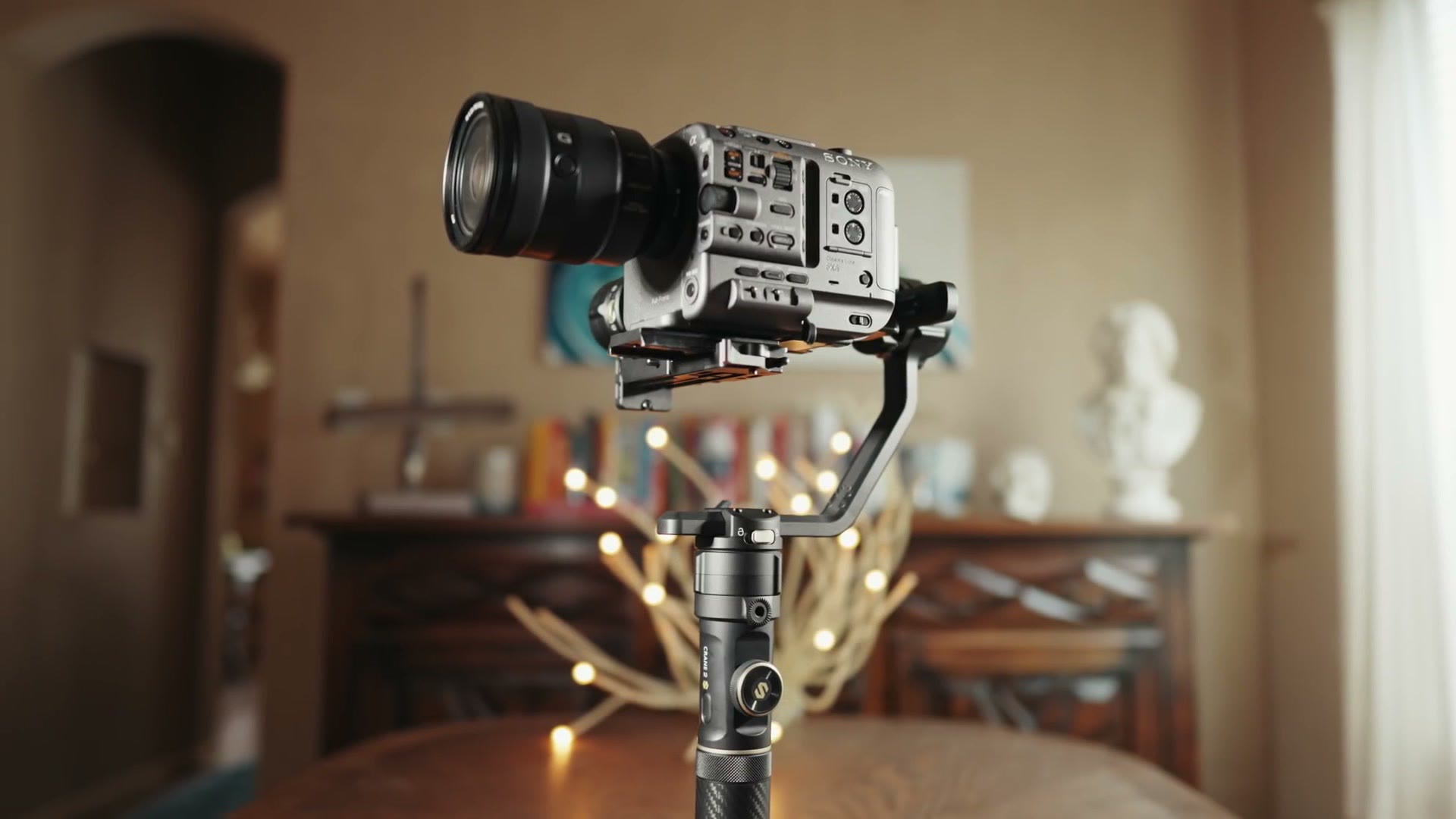 The Sony FX6 stripped of its handles and mounted on a handheld gimbal