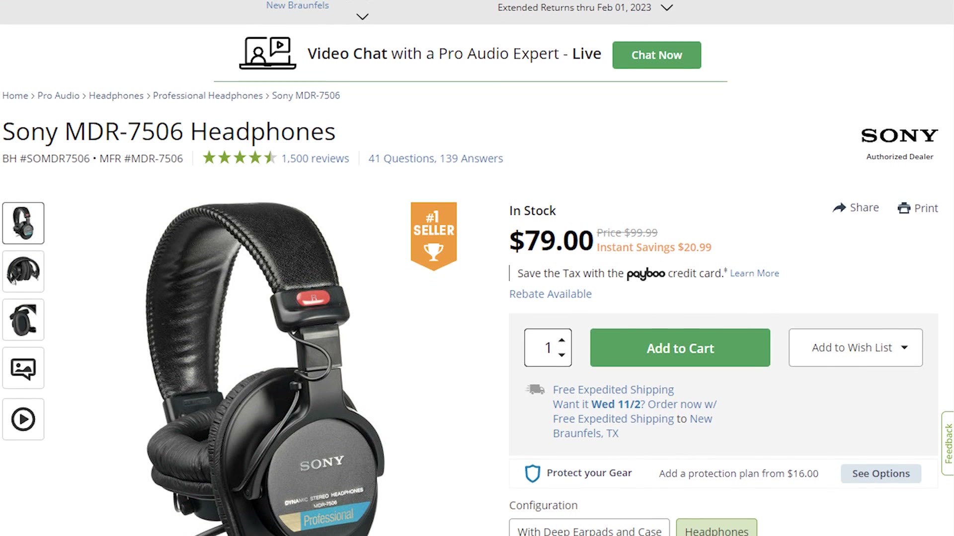 A B&H product page for the Sony MDR-7506 headphones priced at $79