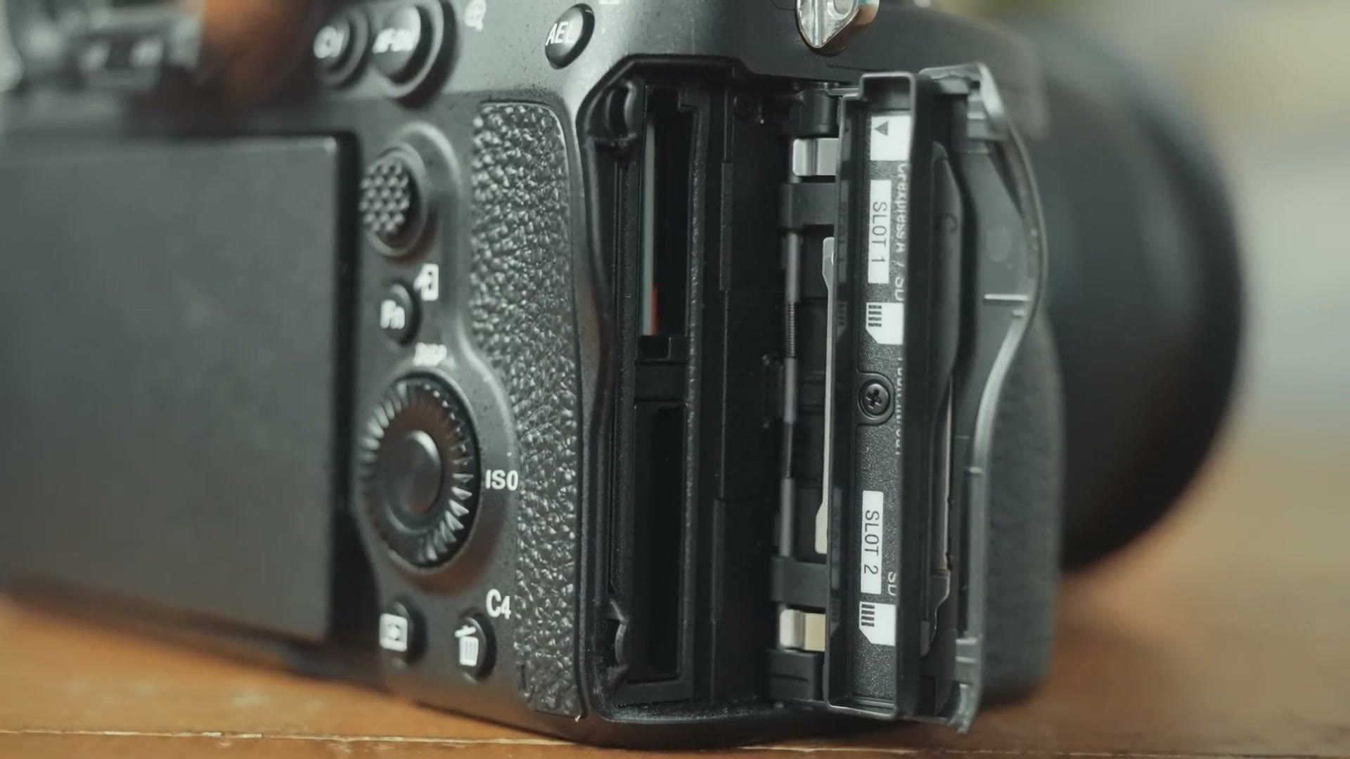 Sony camera with the memory card door open showing Slot 1 and Slot 2
