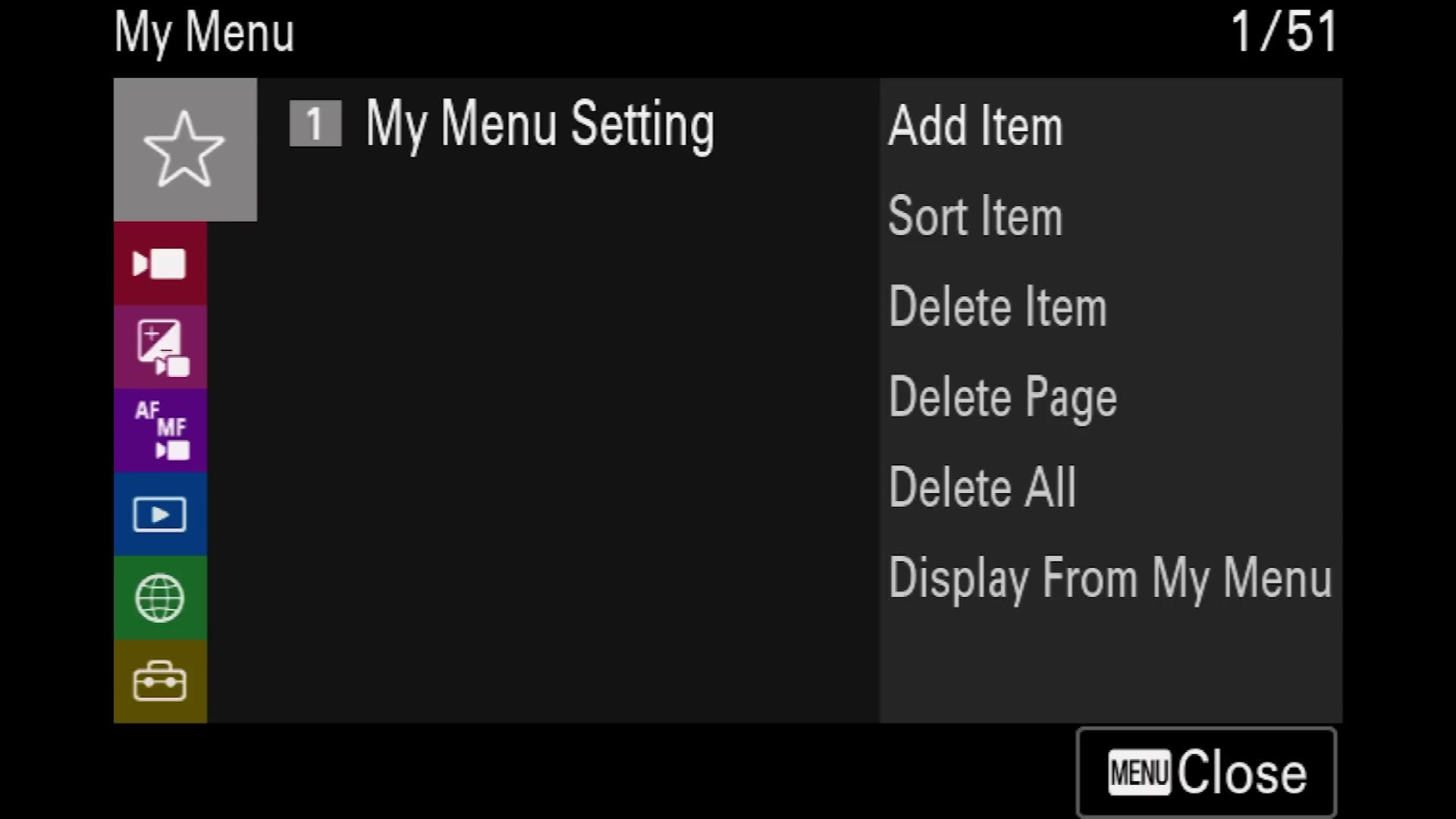Sony camera My Menu screen showing the shared menu system