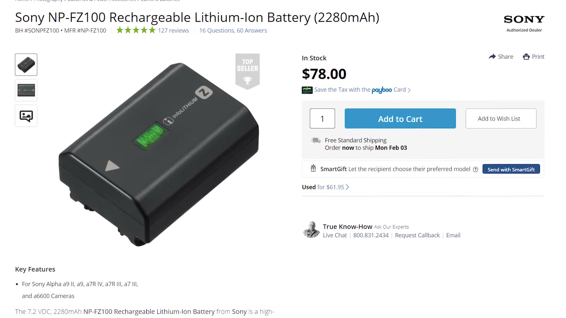 B&H product page for the Sony NP-FZ100 rechargeable battery, listed at $78