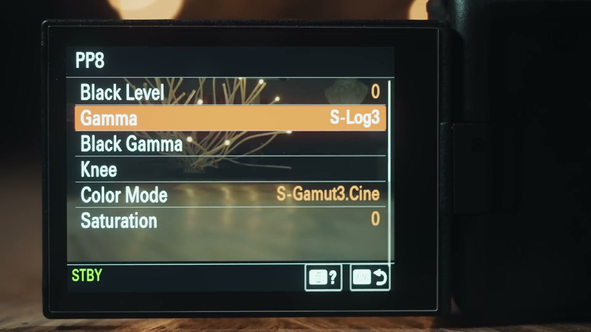 The Sony PP8 picture profile screen showing Gamma set to S-Log3 and Color Mode set to S-Gamut3.Cine