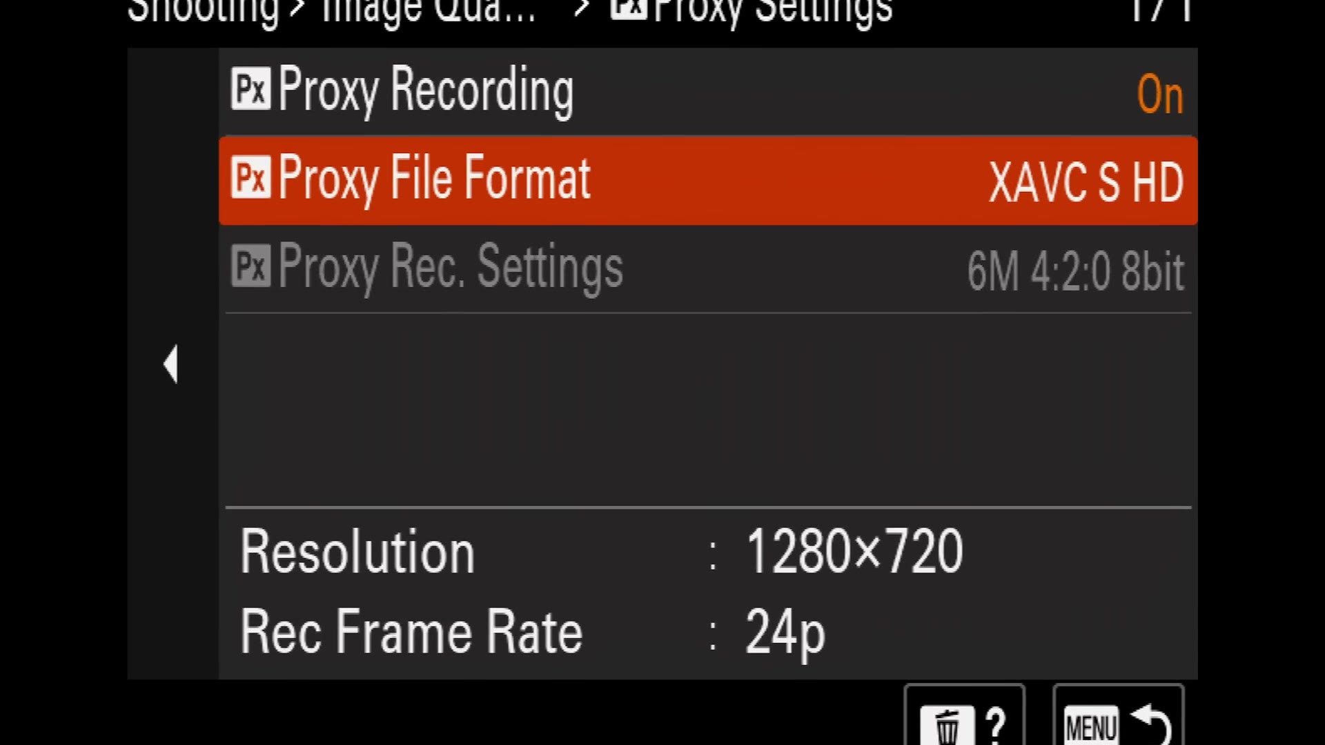 Sony proxy settings menu showing proxy recording on and XAVC S HD at 1280 by 720
