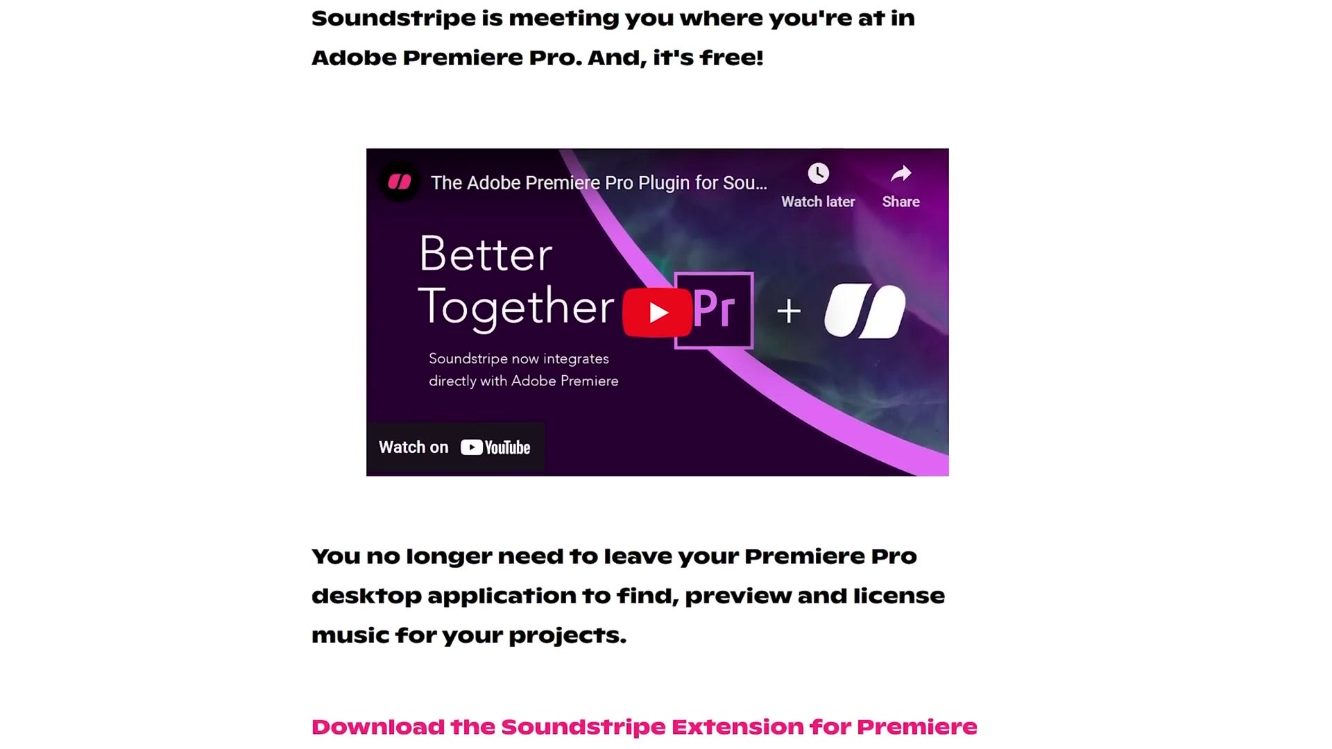 The Soundstripe extension page for Adobe Premiere Pro