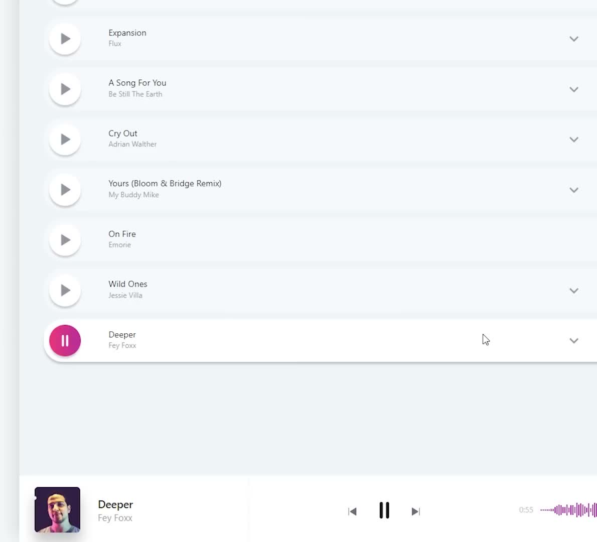 The bottom of the Soundstripe playlist showing the five dance tracks ending with Deeper by Fey Foxx playing in the transport bar