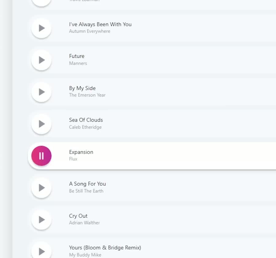 The middle of the Soundstripe playlist showing the five epic tracks, from Future by Manners down to A Song For You by Be Still The Earth